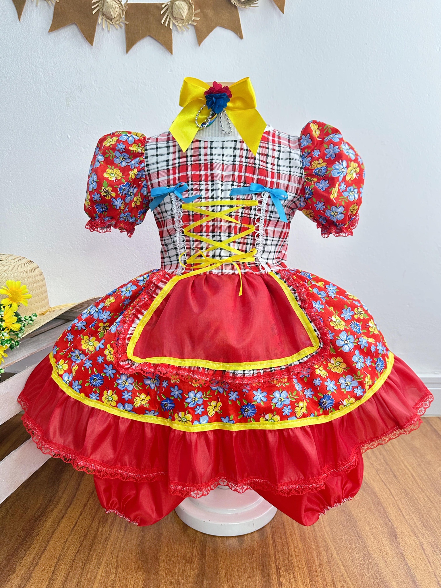 Vestido Infantil Junino Caipira Vermelho Colorido Florzinhas