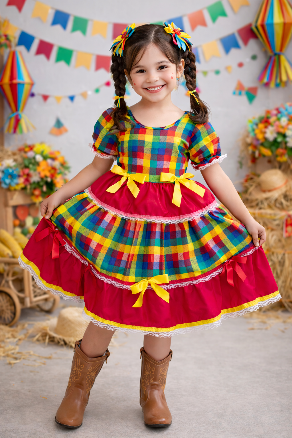 Vestido Infantil Junino Caipira Vermelho Xadrez Colorido Laços