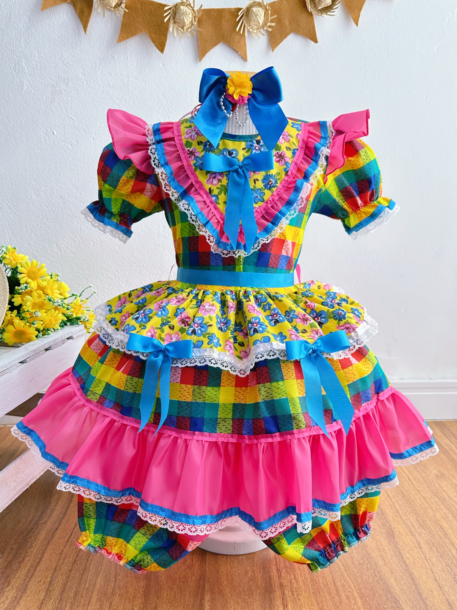 Vestido Infantil Junino Caipira Xadrez Colorido Estampado