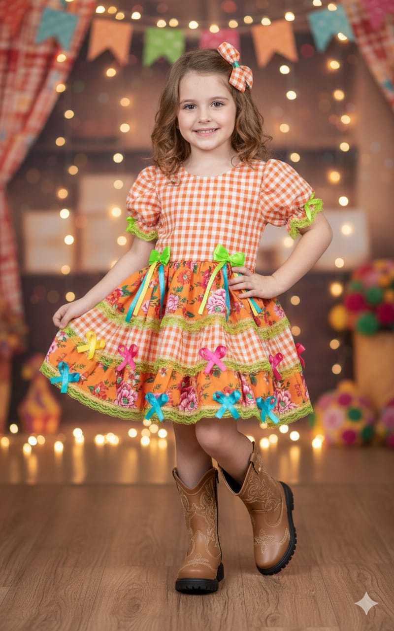 Vestido Infantil Junino Caipira Xadrez Laranja Flores Coloridas