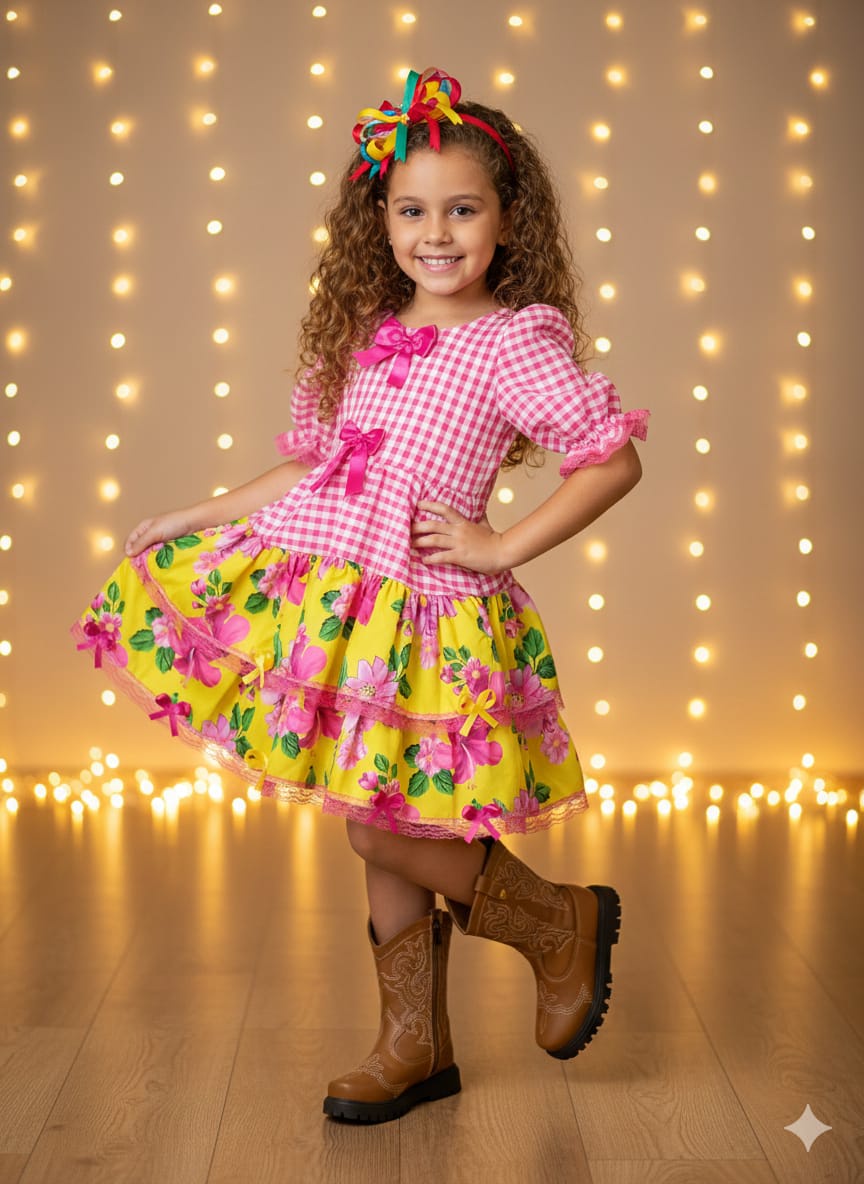 Vestido Infantil Junino Caipira Xadrez Rosa e Amarelo Florido