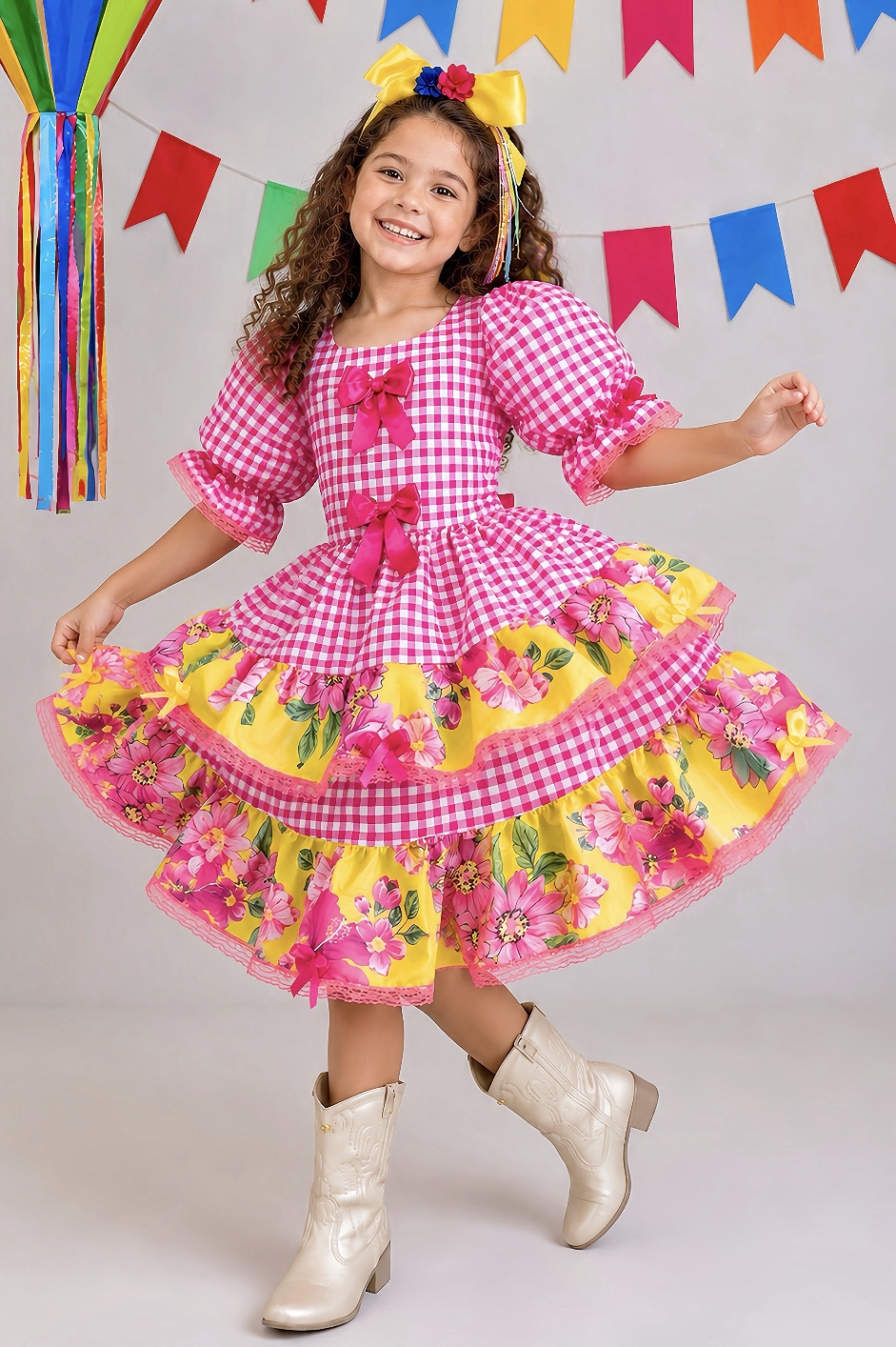 Vestido Infantil Junino Caipira Xadrez Rosa e Amarelo Florido