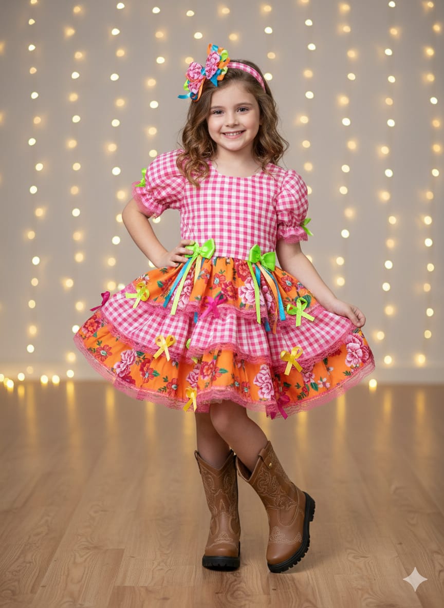 Vestido Infantil Junino Caipira Xadrez Rosa Flores Coloridas