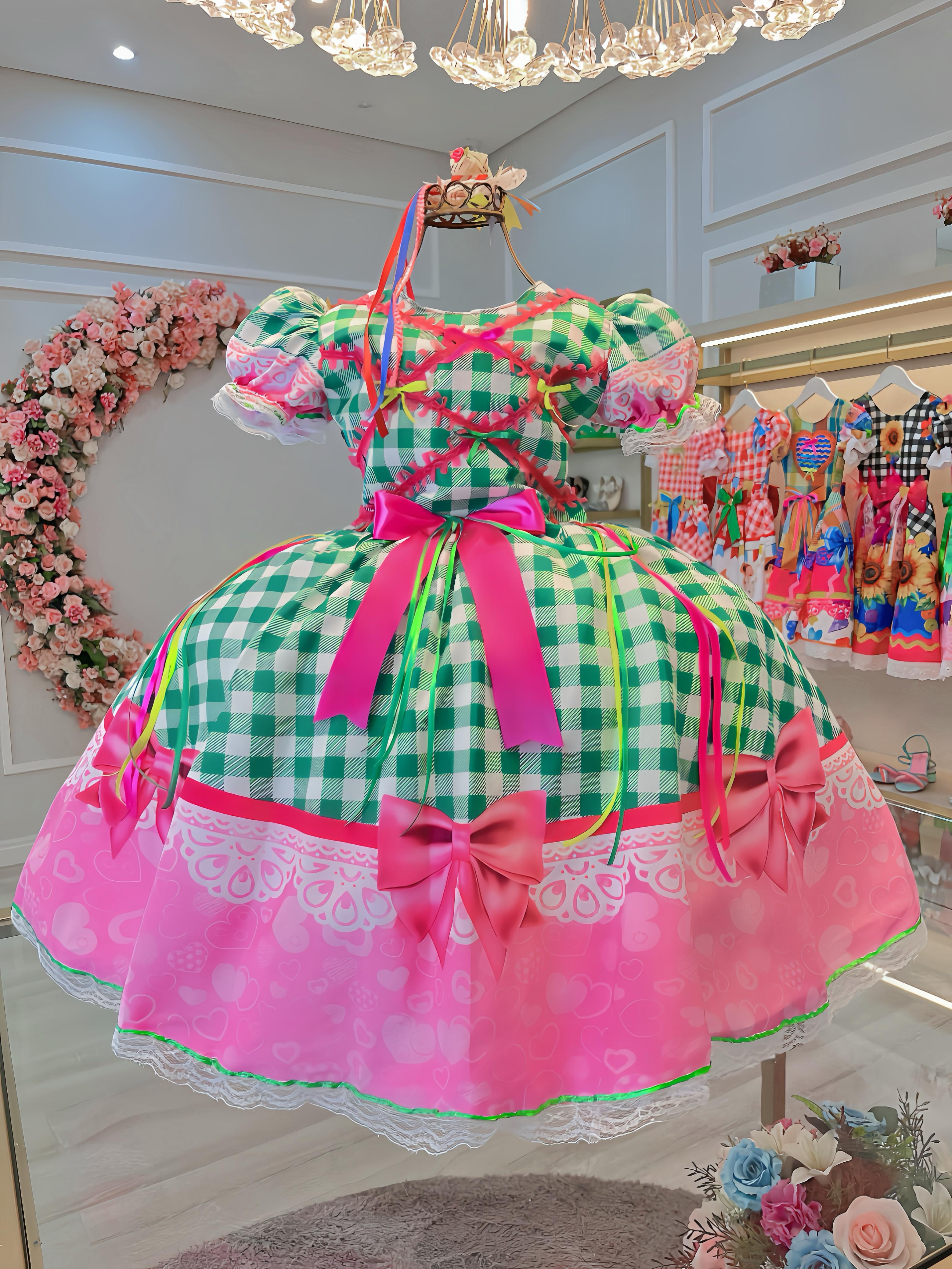 Vestido Infantil Junino Caipira Xadrez Verde e Branco Luxo