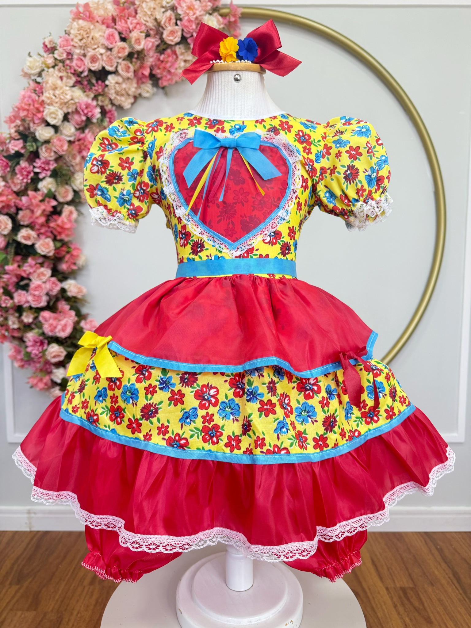 Vestido Infantil Junino Festa Arraiá Amarelo Florzinhas Coloridas