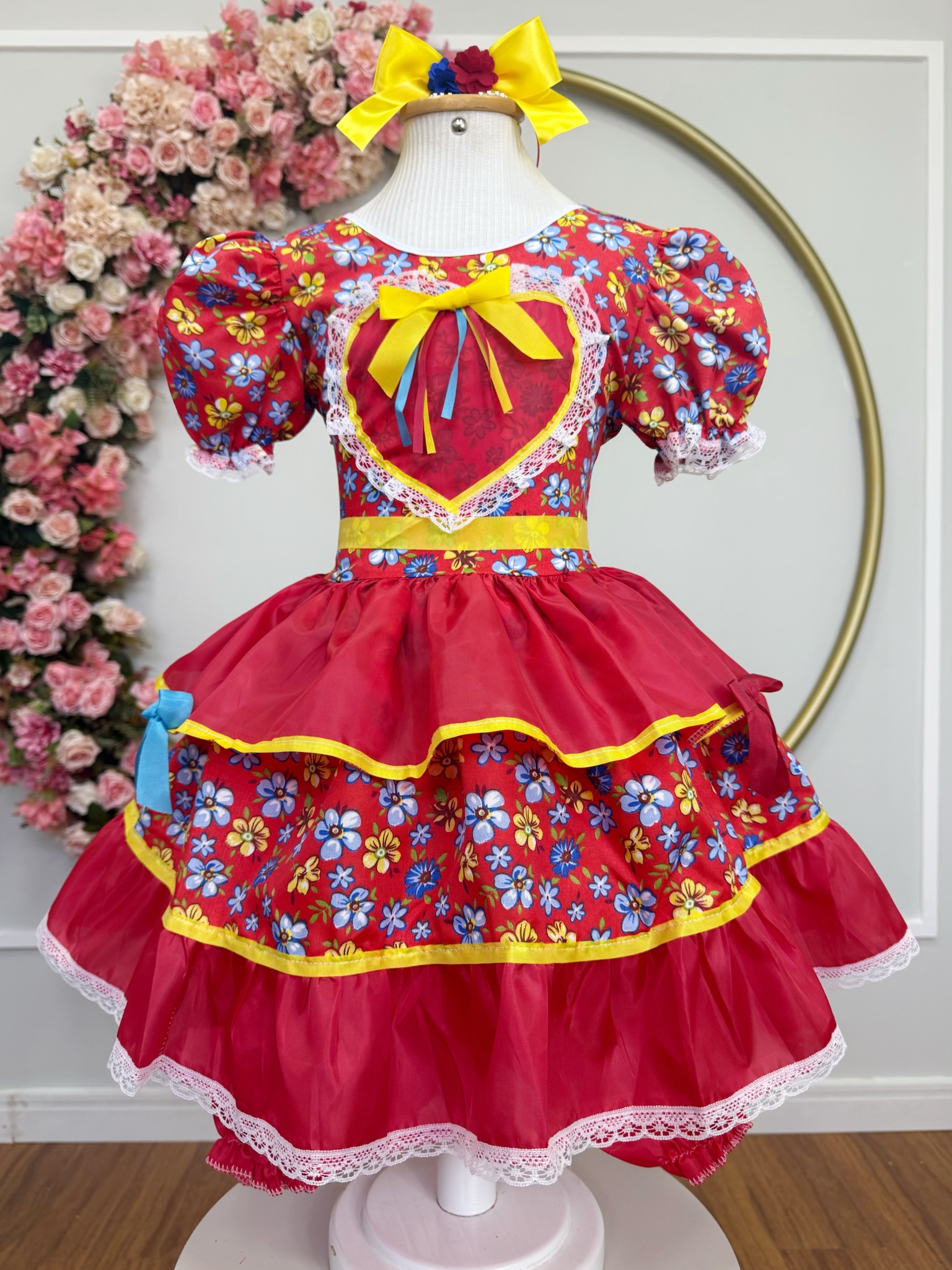 Vestido Infantil Junino Festa Arraiá Vermelho Florzinhas Coloridas