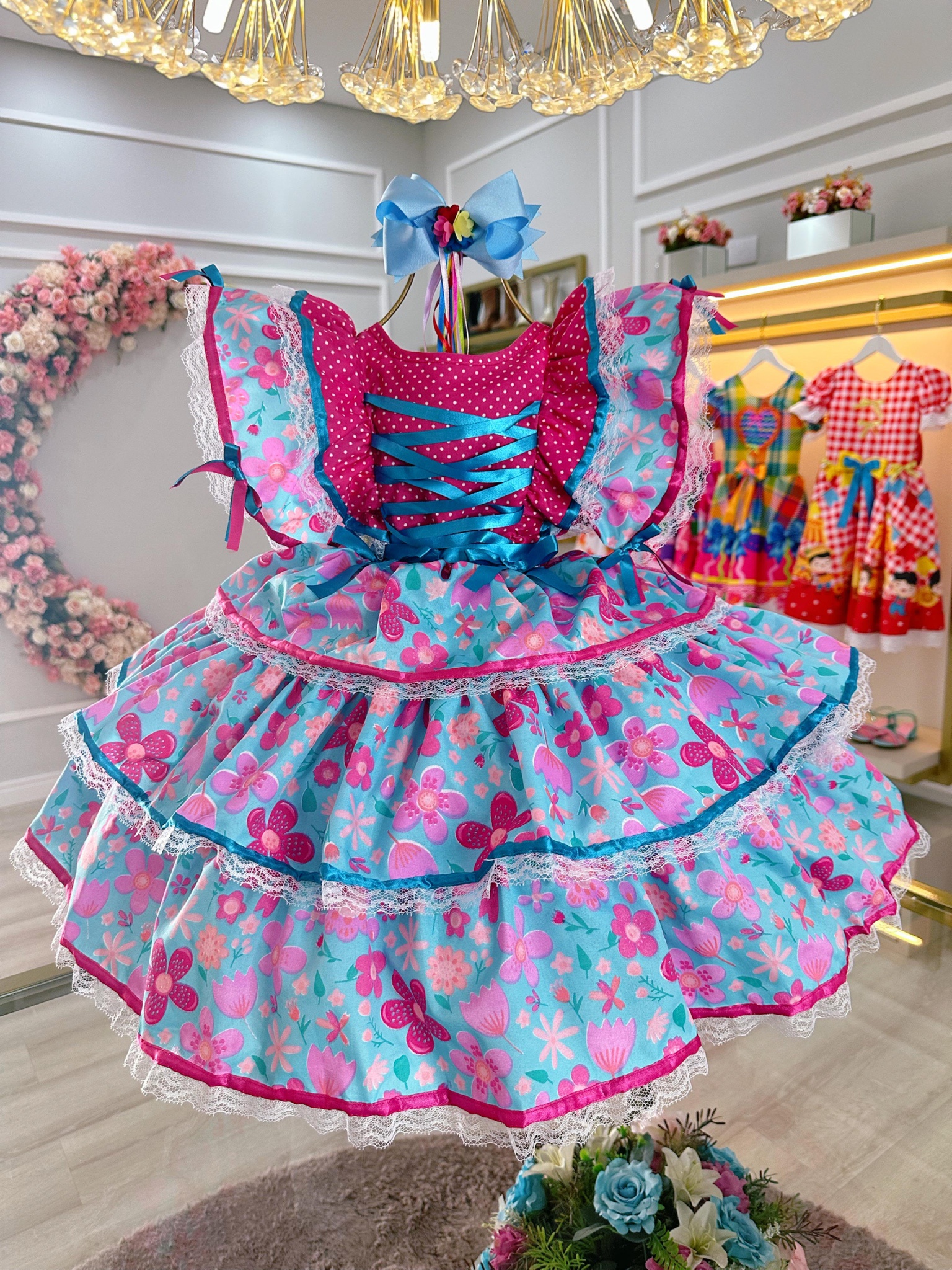 Vestido Infantil Junino Festa Caipira Pink e Azul Florido
