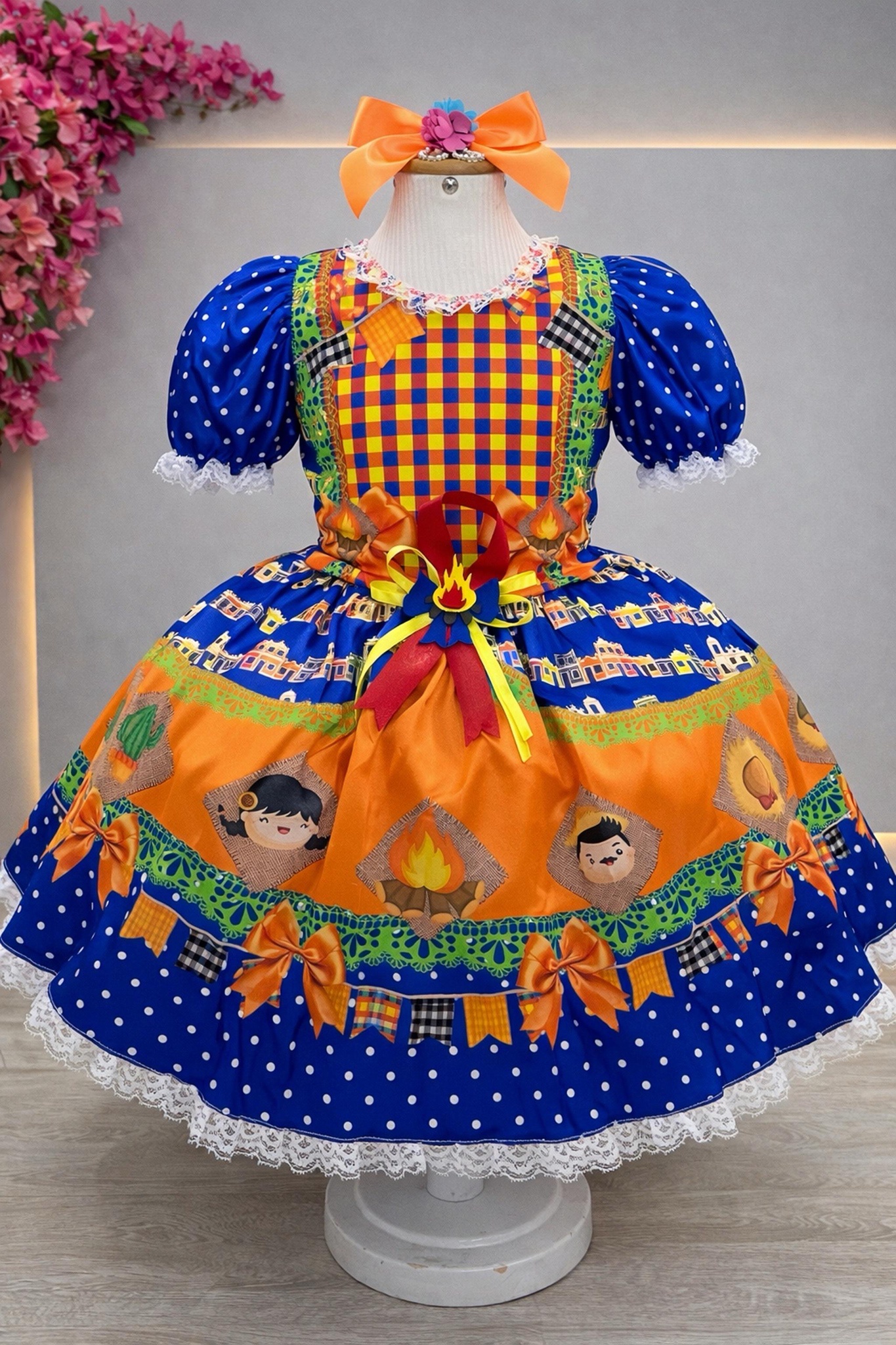 Vestido Infantil Junino Festa de São João Azul Royal Colorido