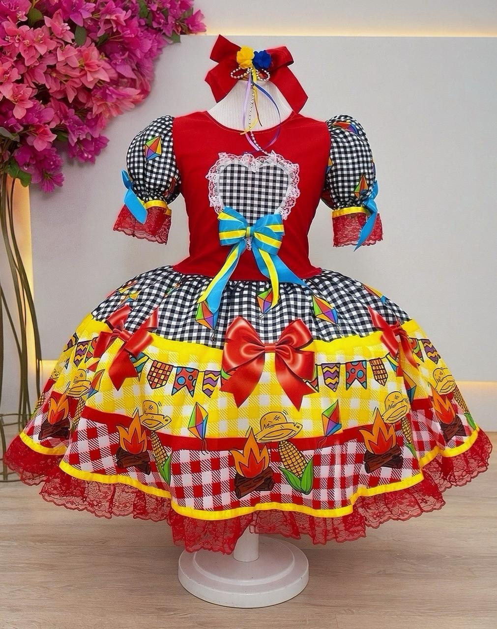 Vestido Infantil Junino Festa de São João Vermelho Xadrez Preto