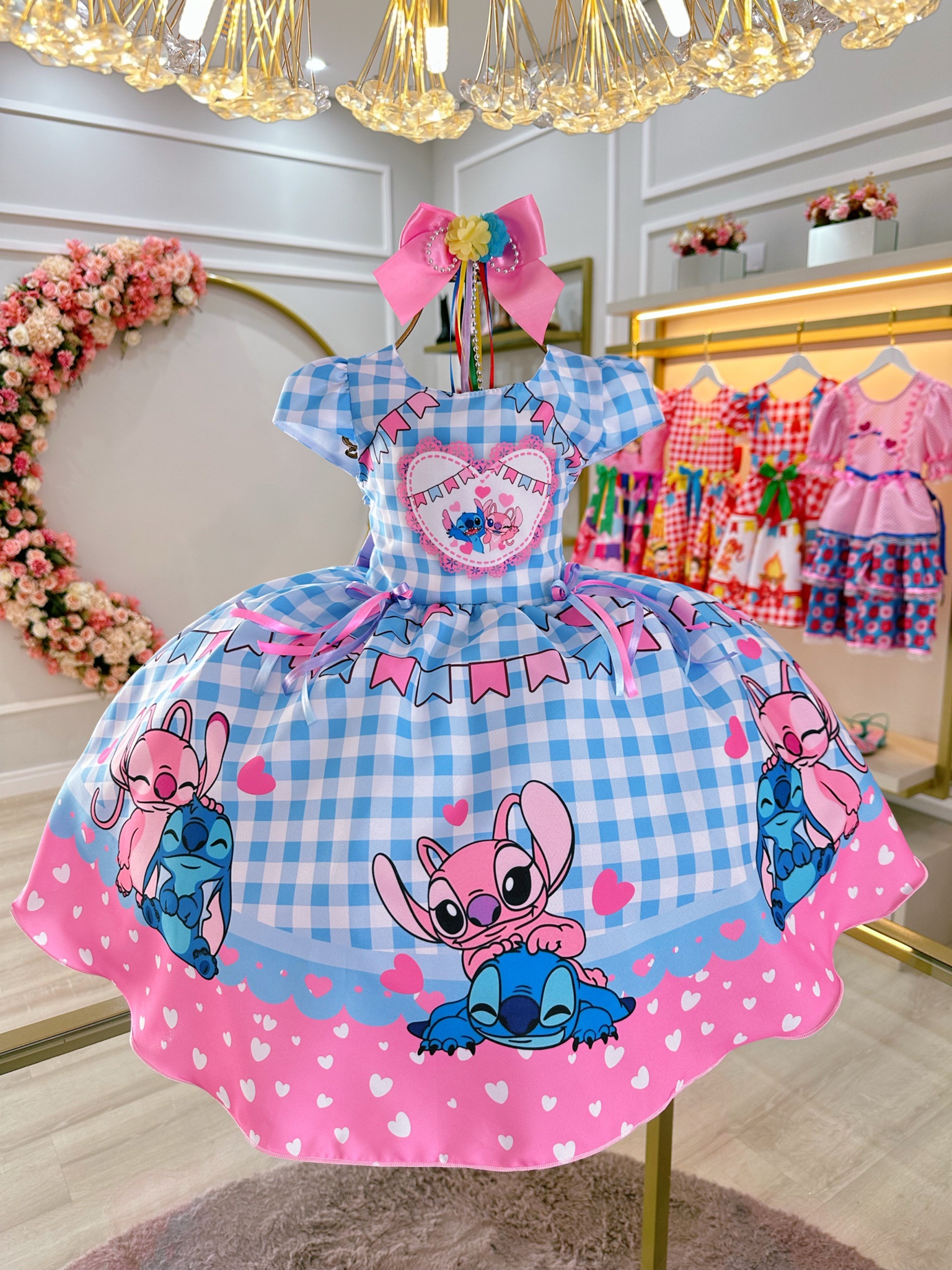Vestido Infantil Junino Festa Lilo Stitch e Angel Azul