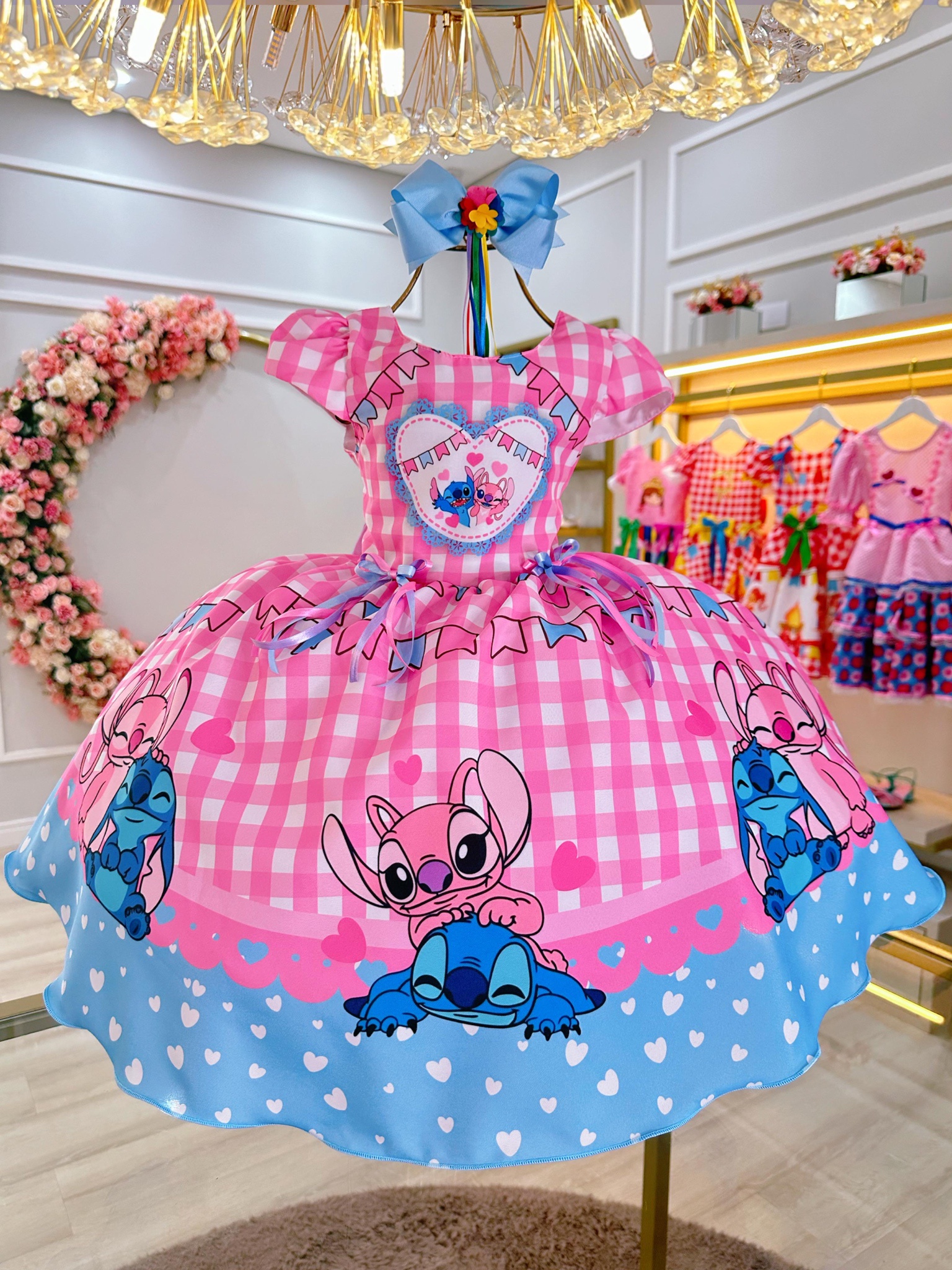 Vestido Infantil Junino Festa Lilo Stitch e Angel Rosa