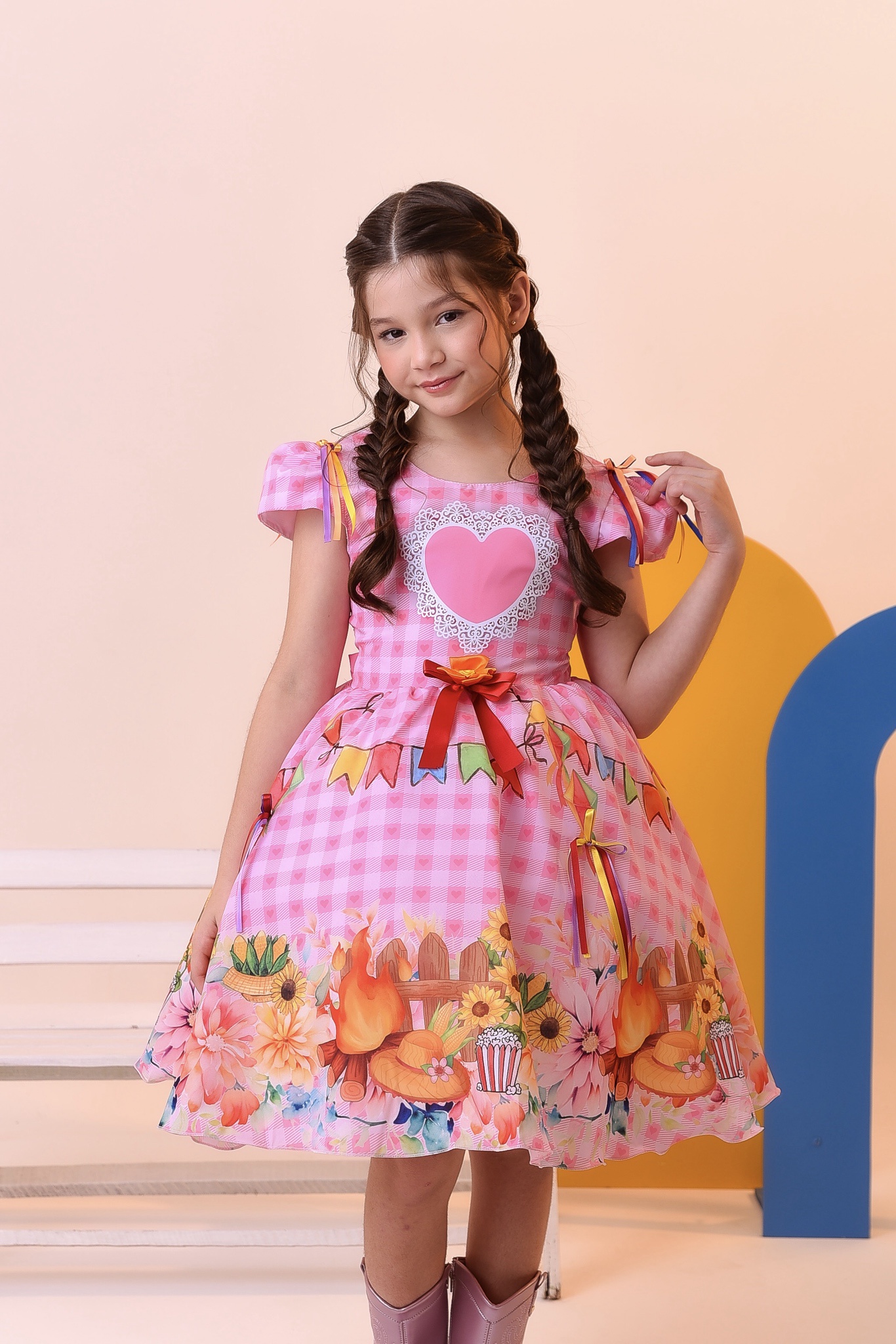 Vestido Infantil Junino Festa São João Rosa Xadrez Girassol
