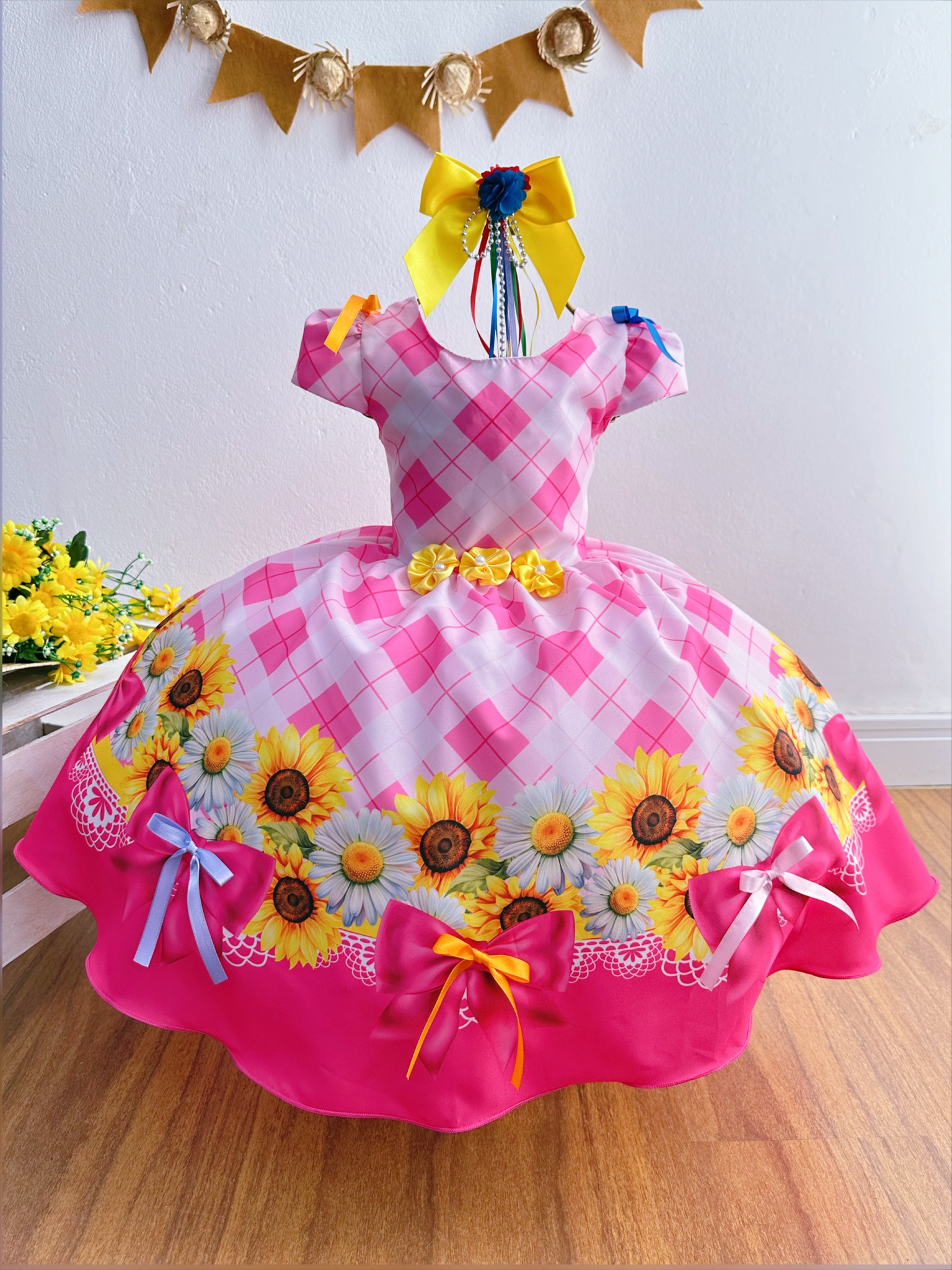 Vestido Infantil Junino Festa São João Xadrez Rosa Girassol