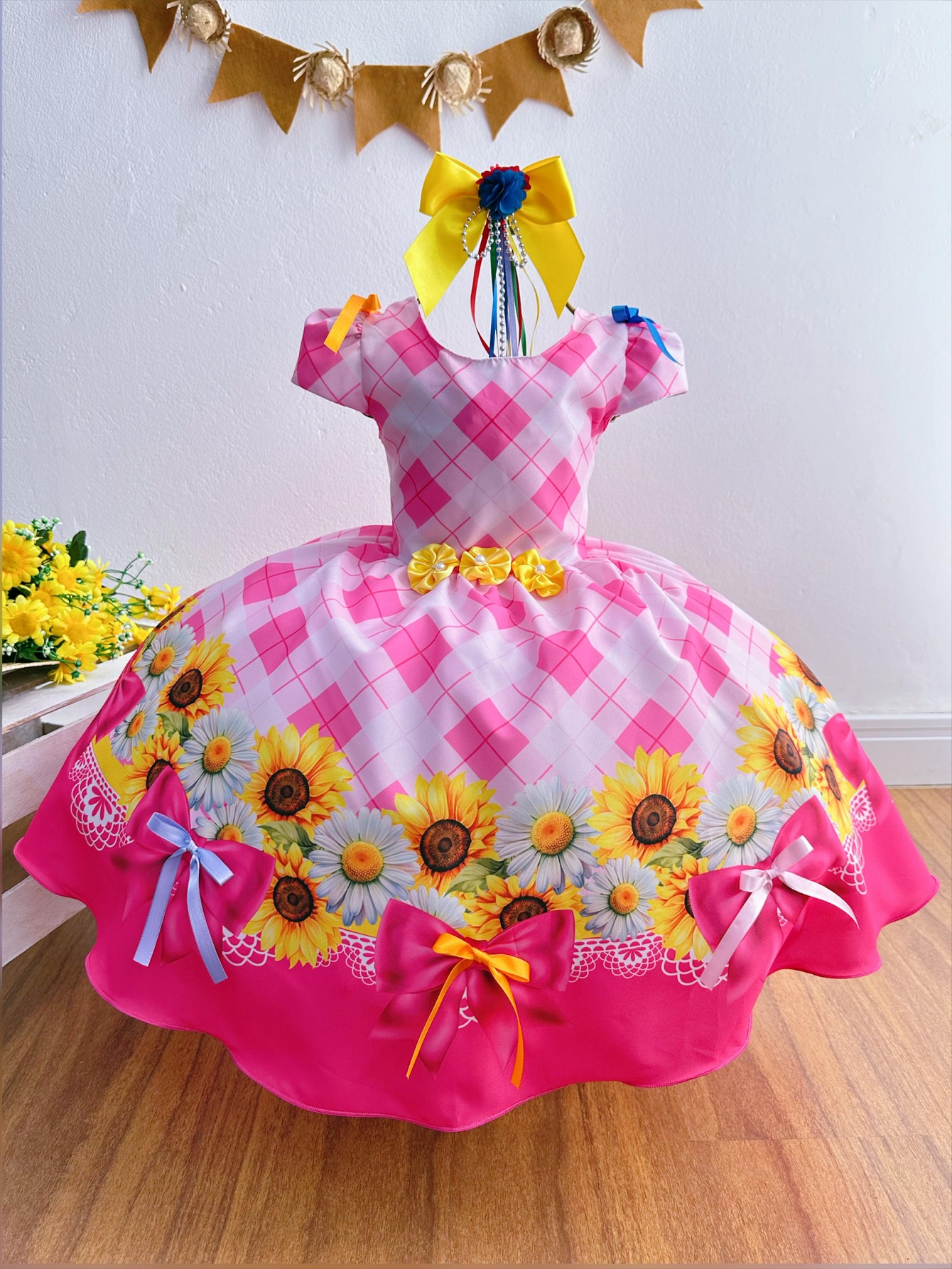 Vestido Infantil Junino Festa São João Xadrez Rosa Girassol