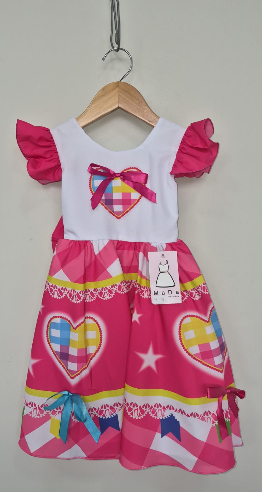 Vestido Infantil Junino Festas Arraiá Pink Coração Colorido