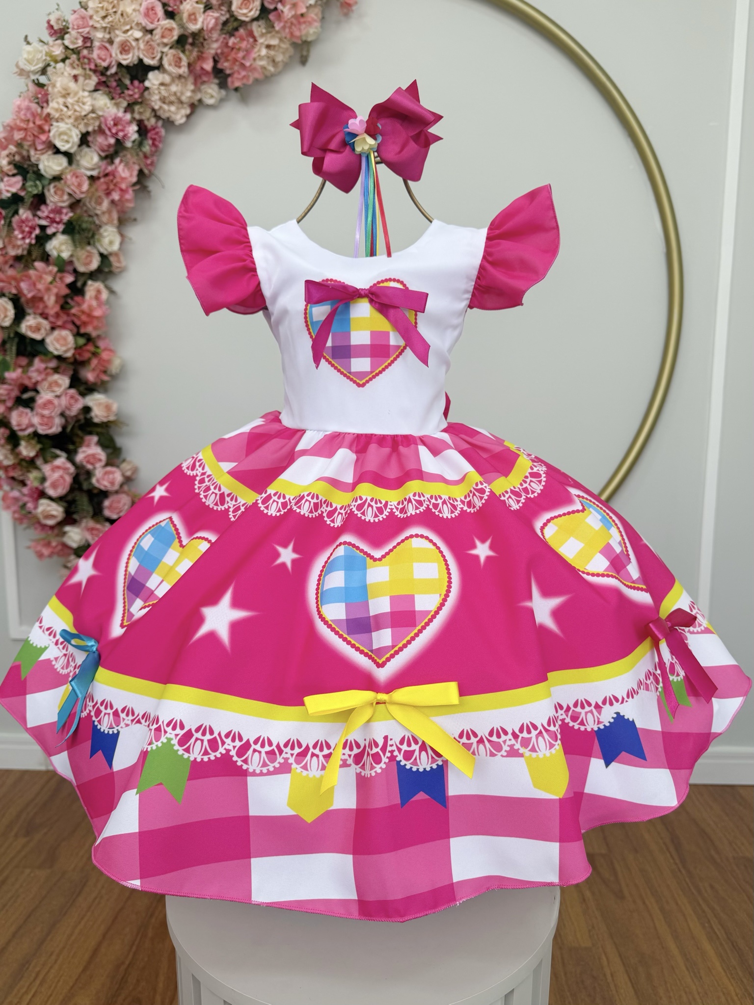 Vestido Infantil Junino Festas Arraiá Pink Coração Colorido