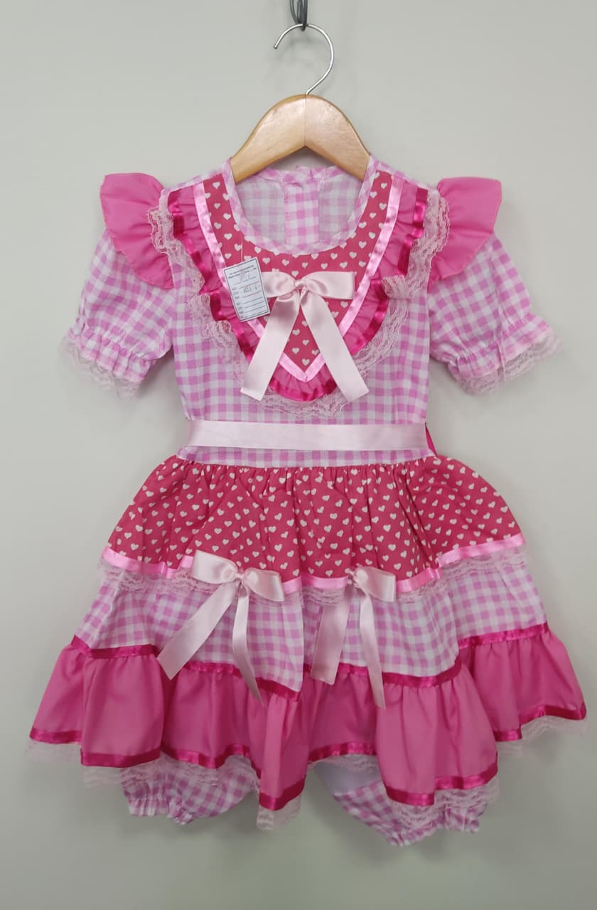 Vestido Infantil Junino Festas Arraiá Rosa Chiclete Xadrez