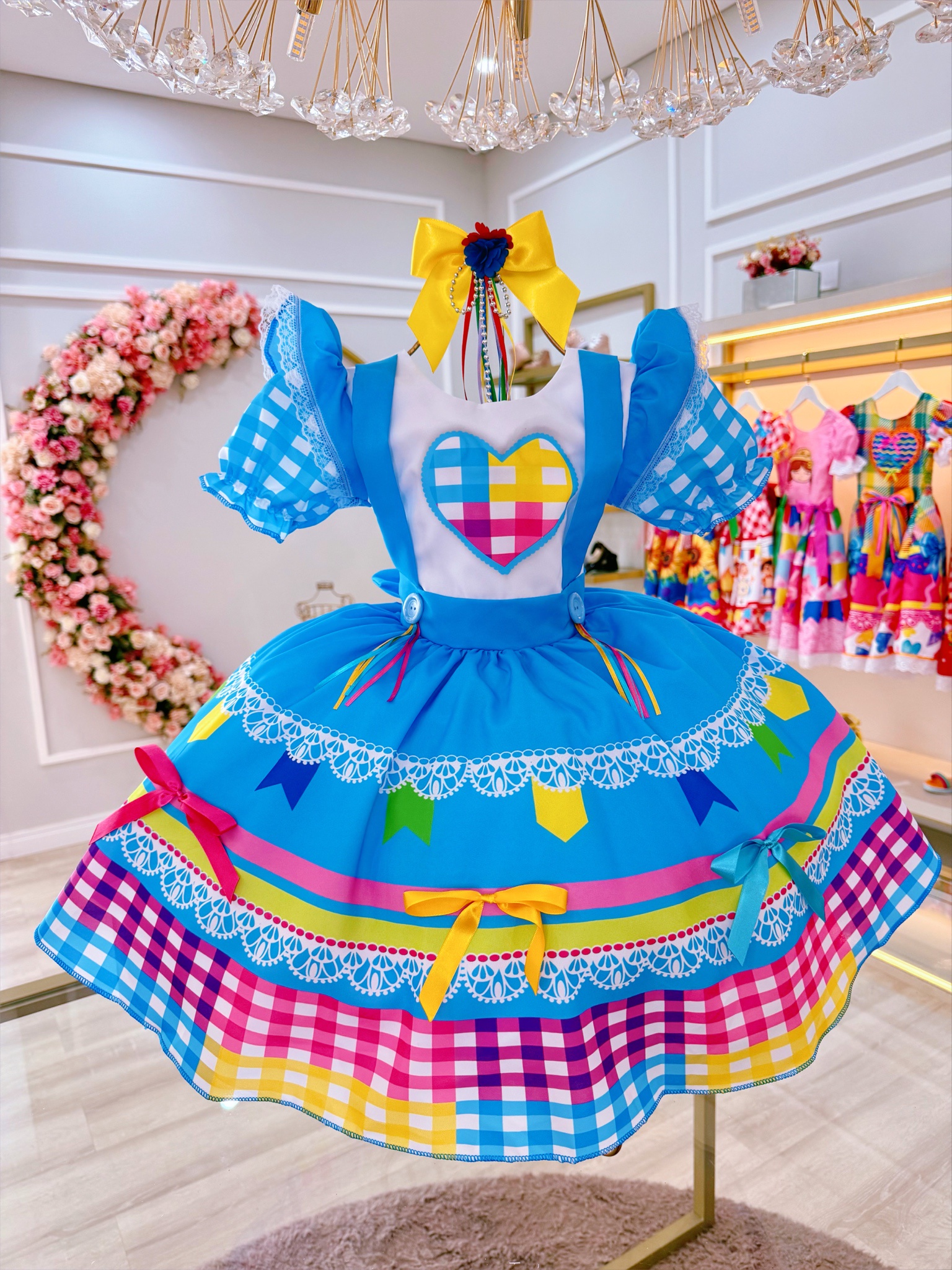 Vestido Infantil Junino Festas Azul Colorido Luxo