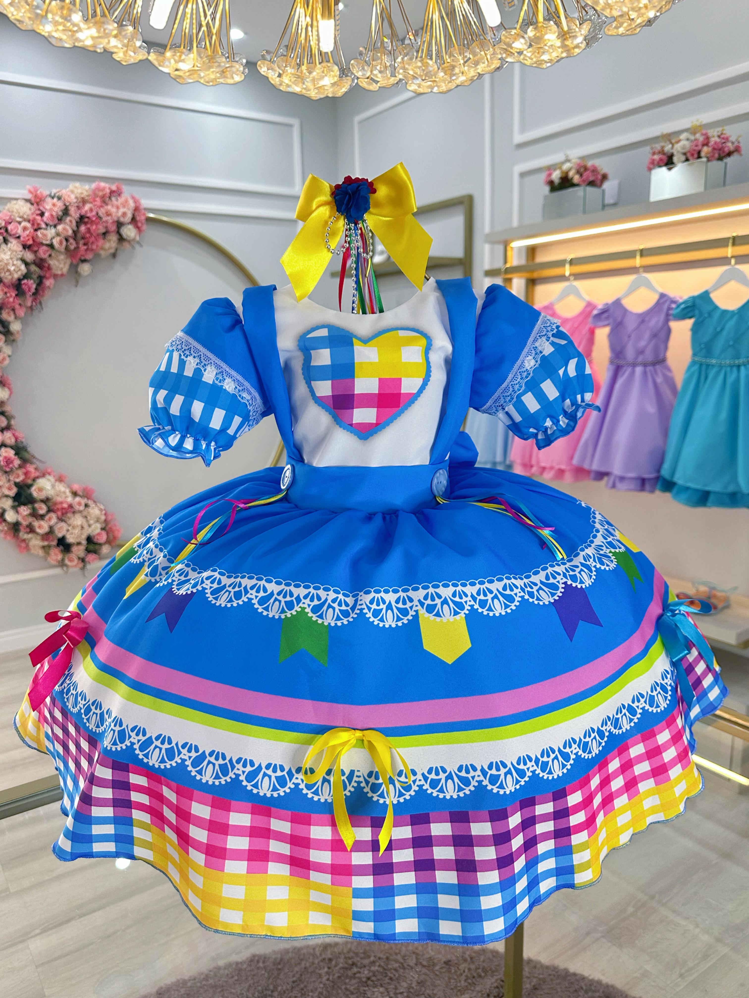 Vestido Infantil Junino Festas Azul Colorido Luxo