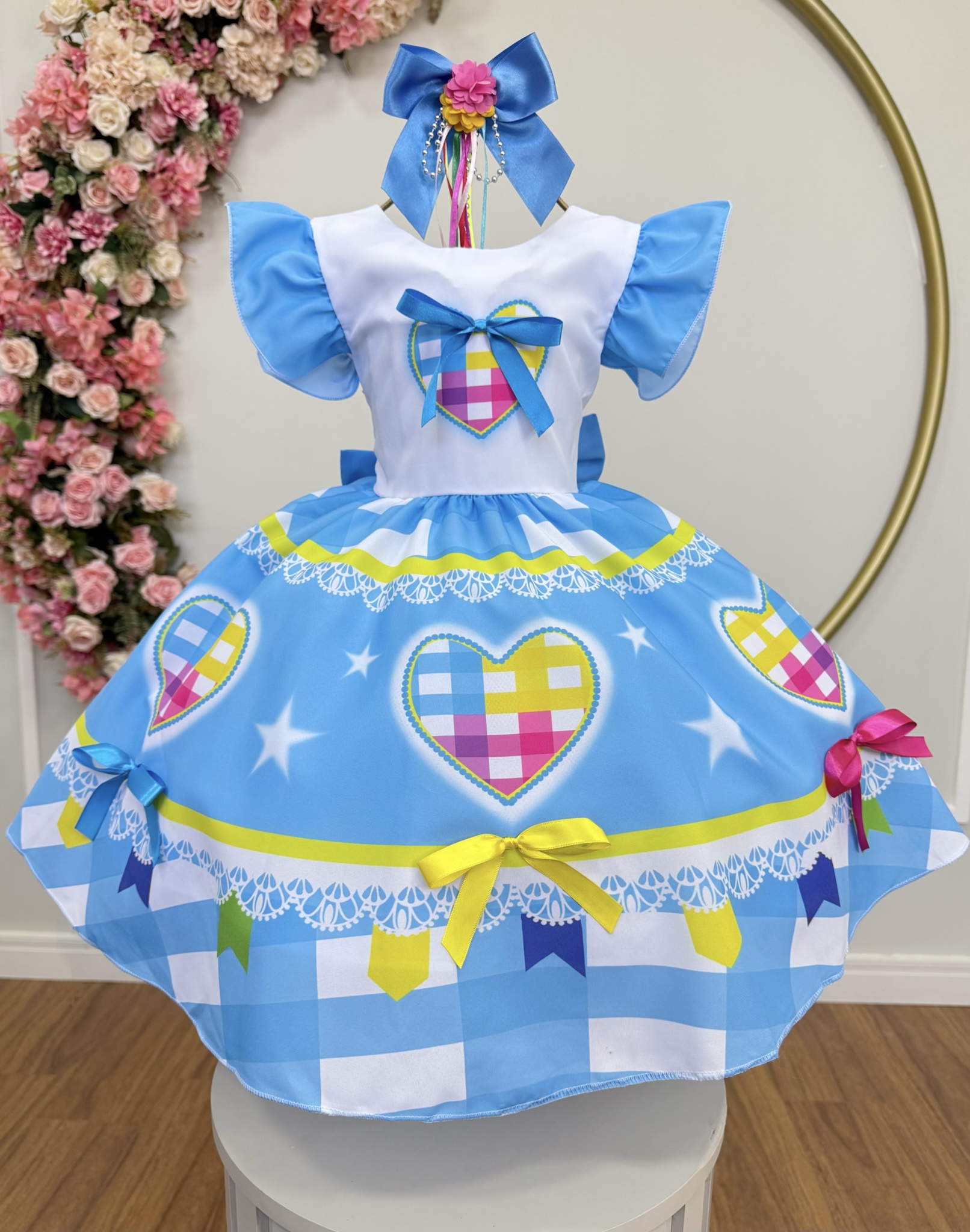 Vestido Infantil Junino Festas Azul Coração Colorido