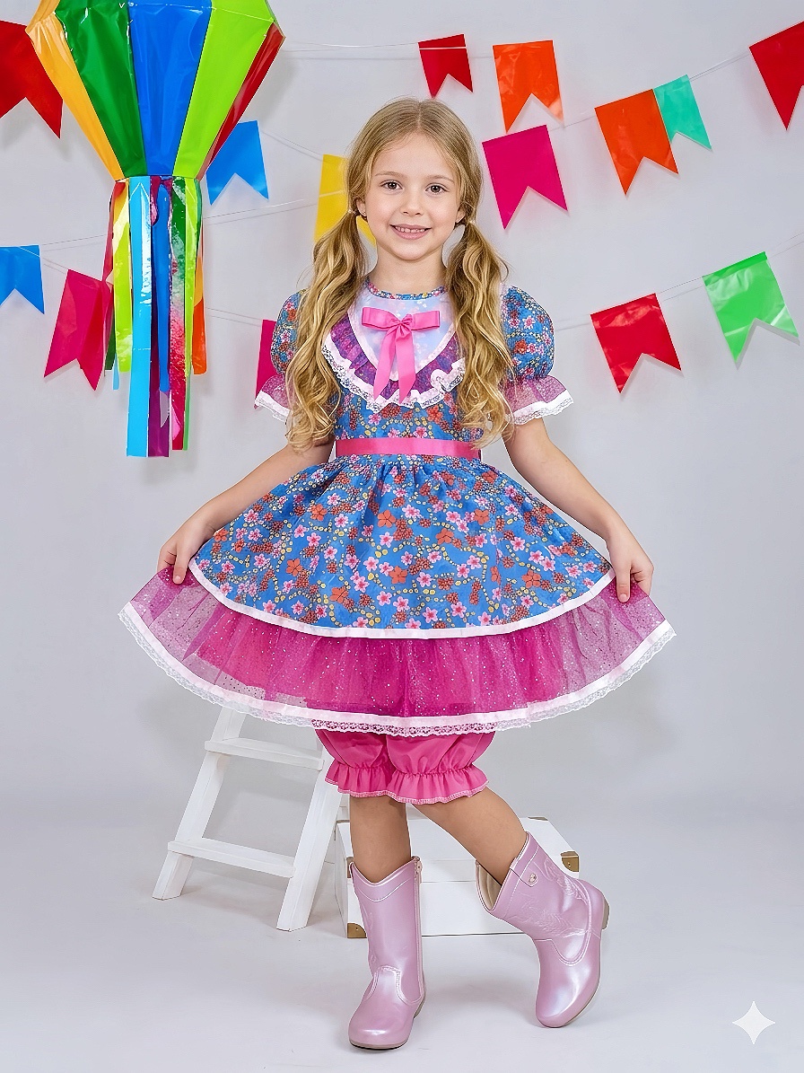 Vestido Infantil Junino Festas Azul Florido e Brilho