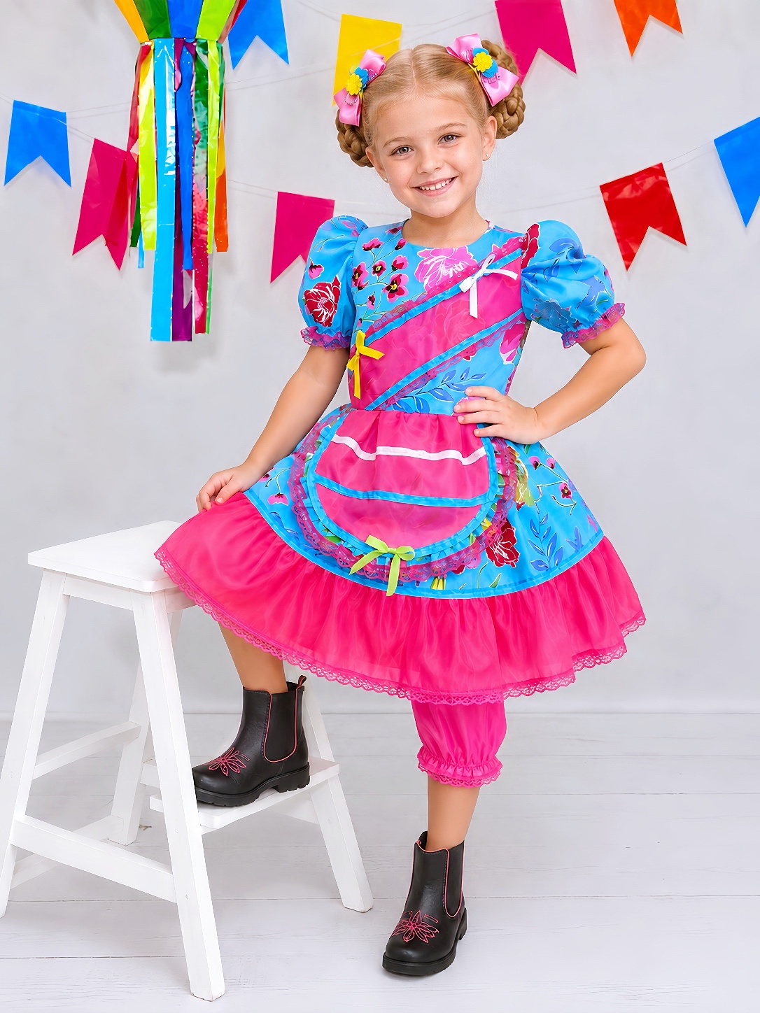 Vestido Infantil Junino Festas Azul Florzinhas Coloridas