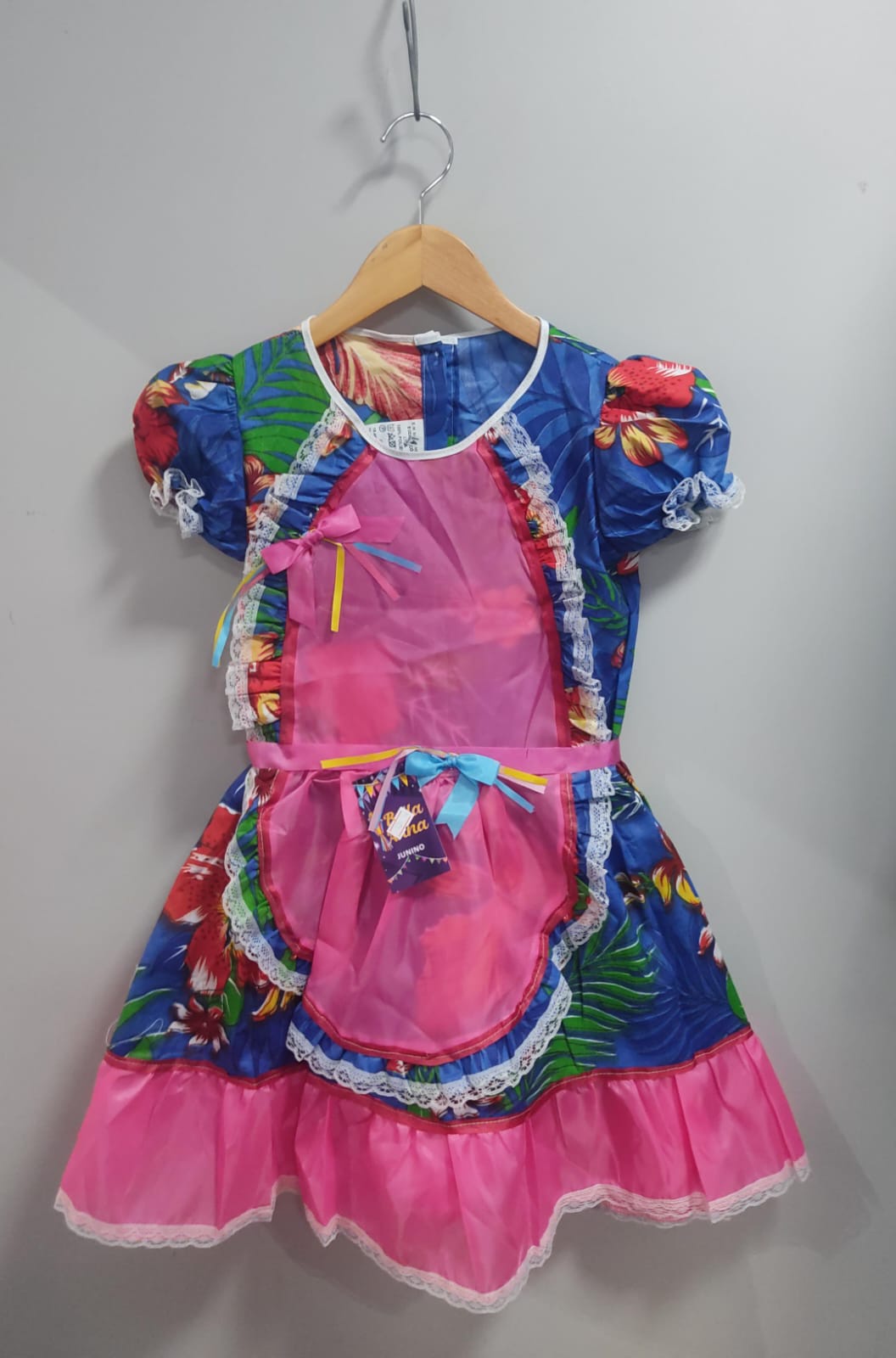 Vestido Infantil Junino Festas Caipira Azul e Rosa Florido
