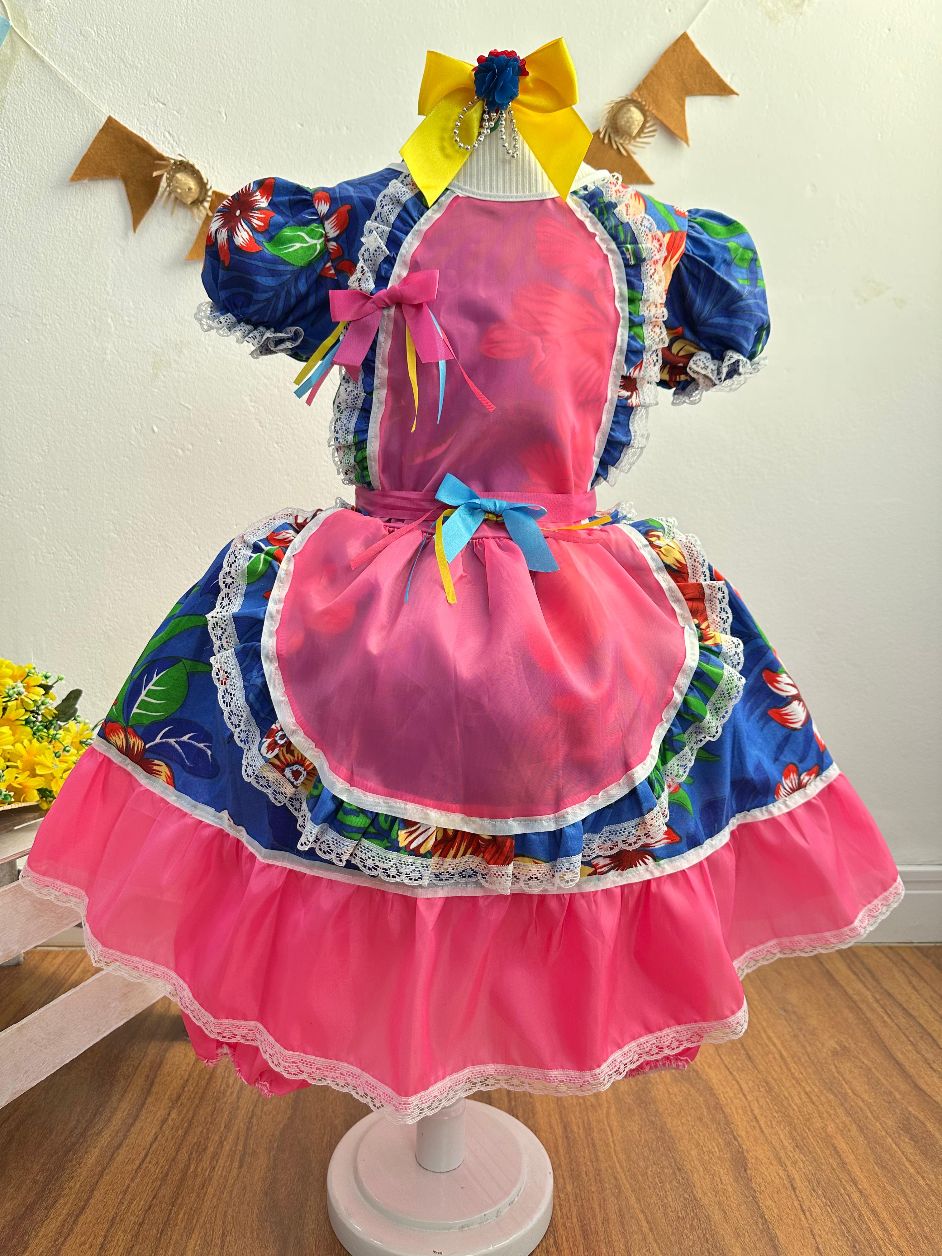 Vestido Infantil Junino Festas Caipira Azul e Rosa Florido