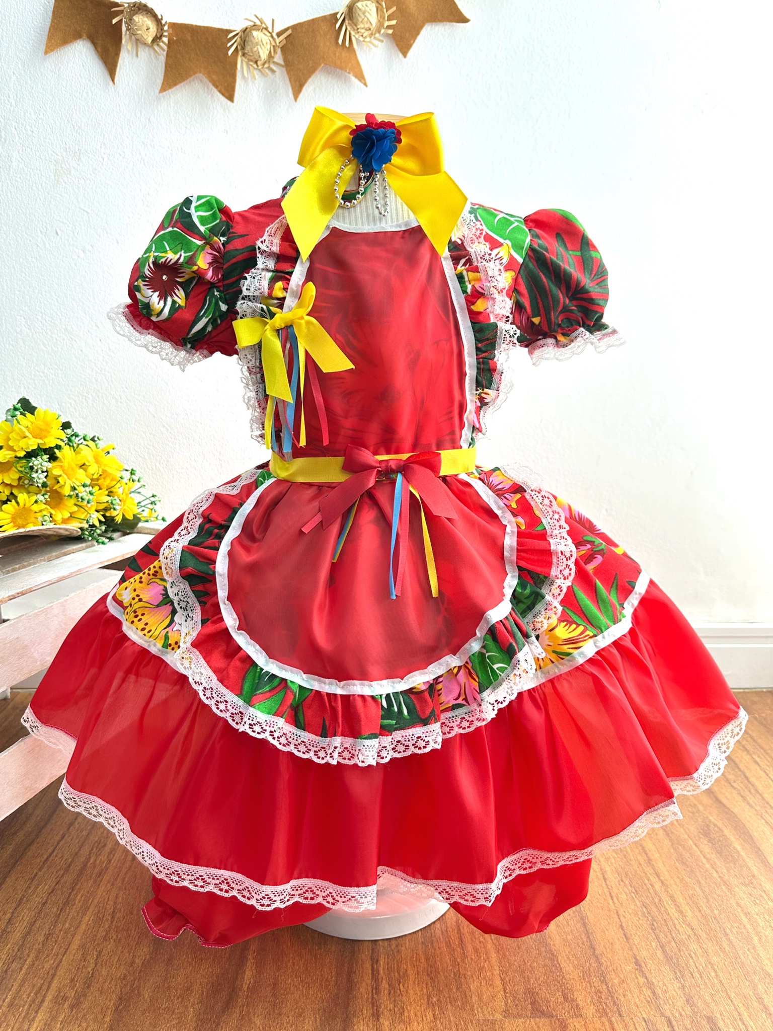 Vestido Infantil Junino Festas Caipira Vermelho e Verde Florido