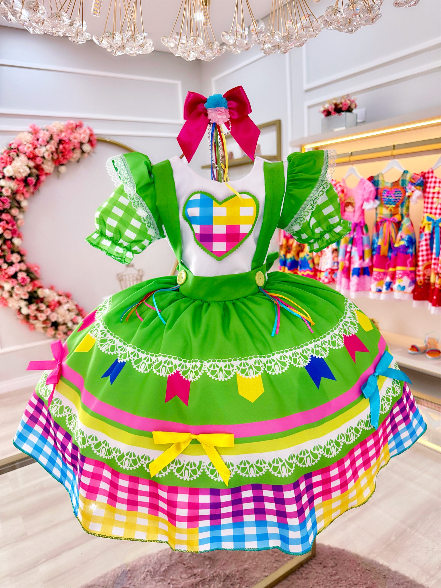 Vestido Infantil Junino Festas Verde Colorido Luxo