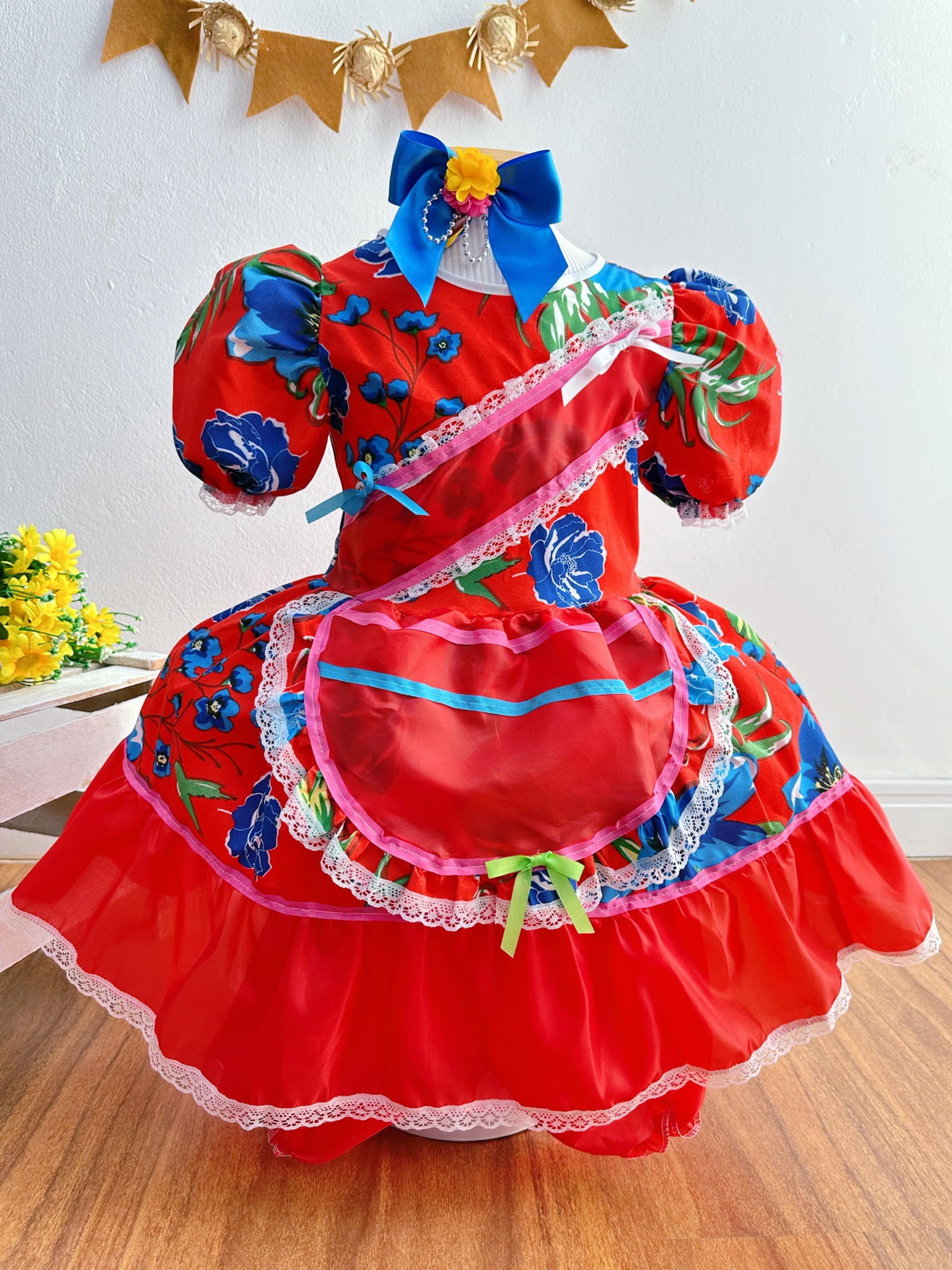 Vestido Infantil Junino Festas Vermelho Florzinhas Coloridas