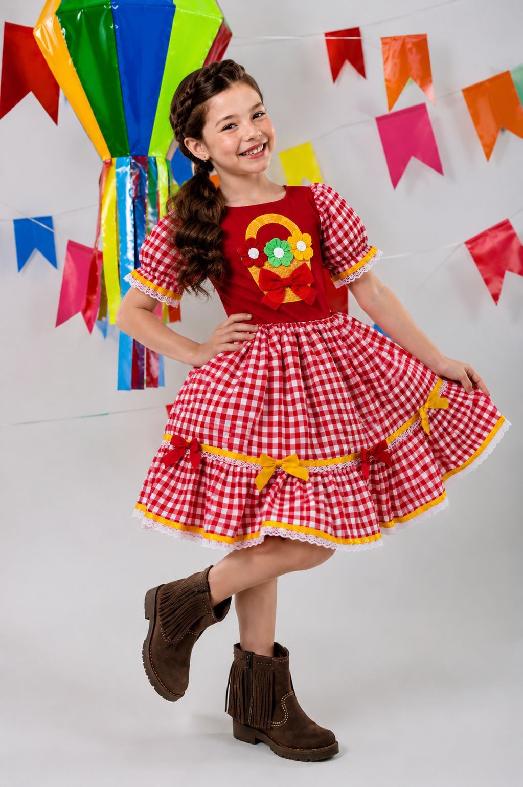 Vestido Infantil Junino Festas Vermelho Xadrez Colorido
