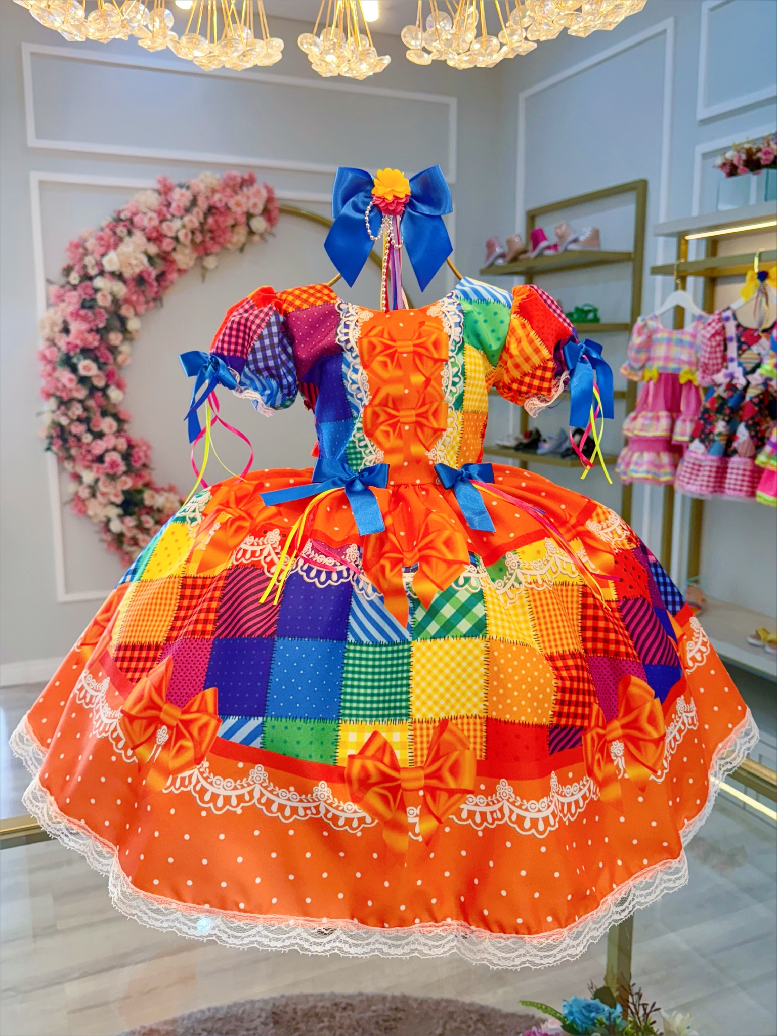 Vestido Infantil Junino Laranja Xadrez Colorido Luxo