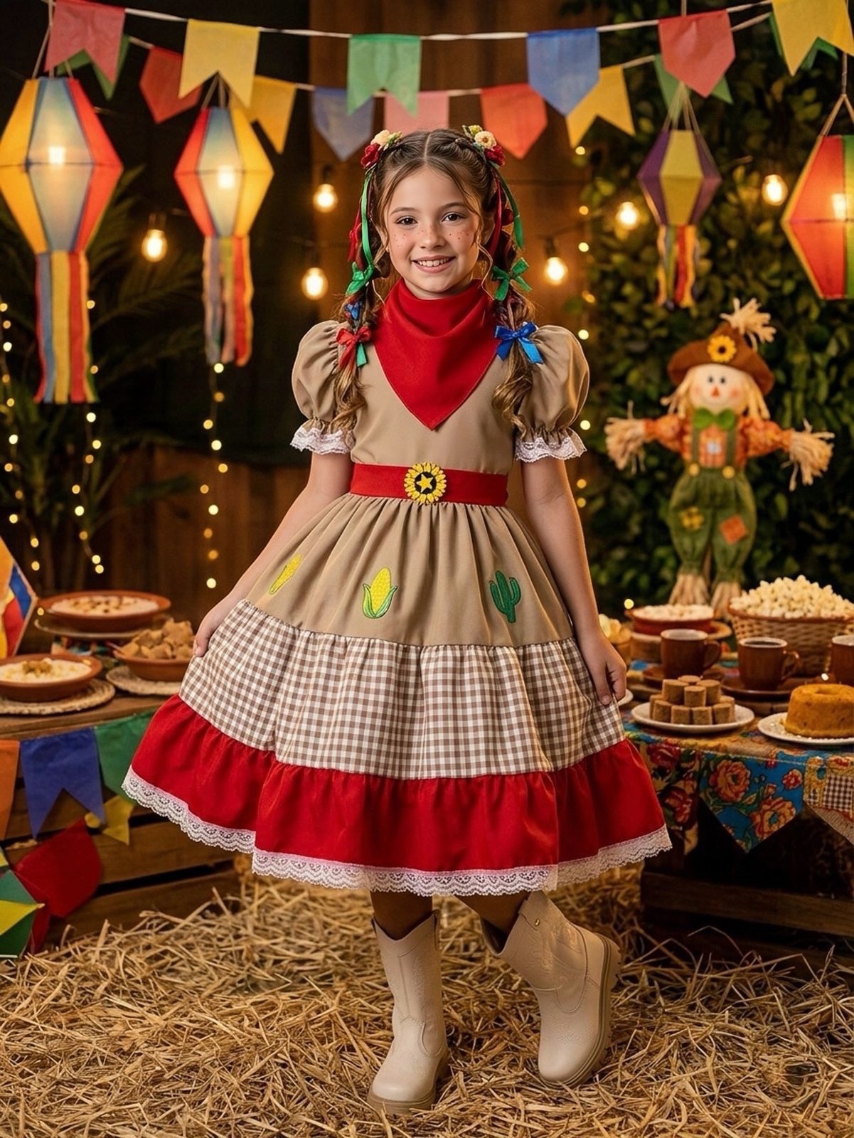 Vestido Infantil Junino Luxo Arraiá Maria Bonita c/ Lenço Festa Junina