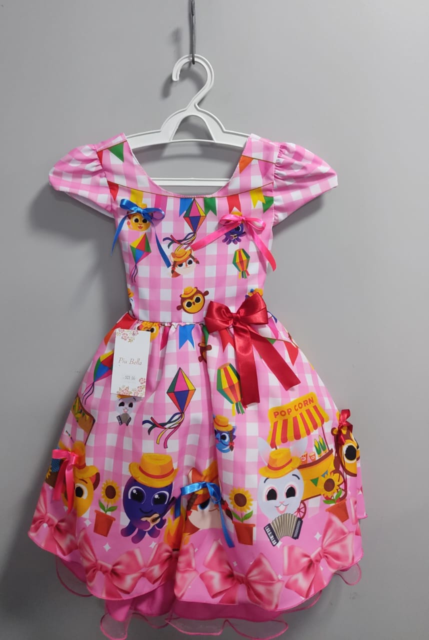 Vestido Infantil Junino Luxo Rosa Xadrez Bolofofos