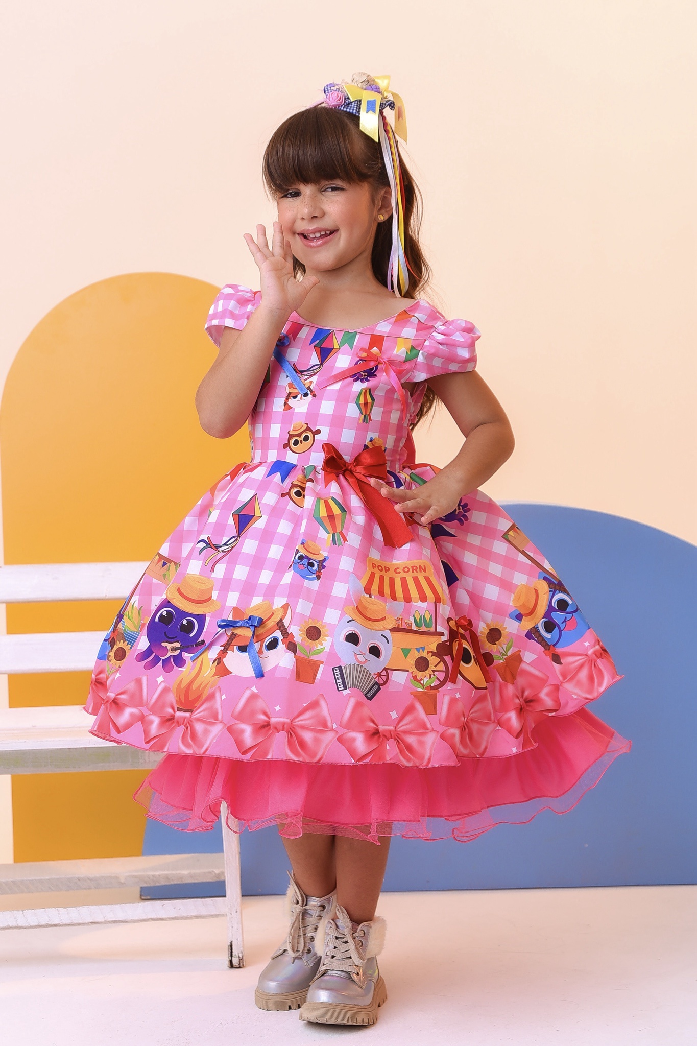 Vestido Infantil Junino Luxo Rosa Xadrez Bolofofos