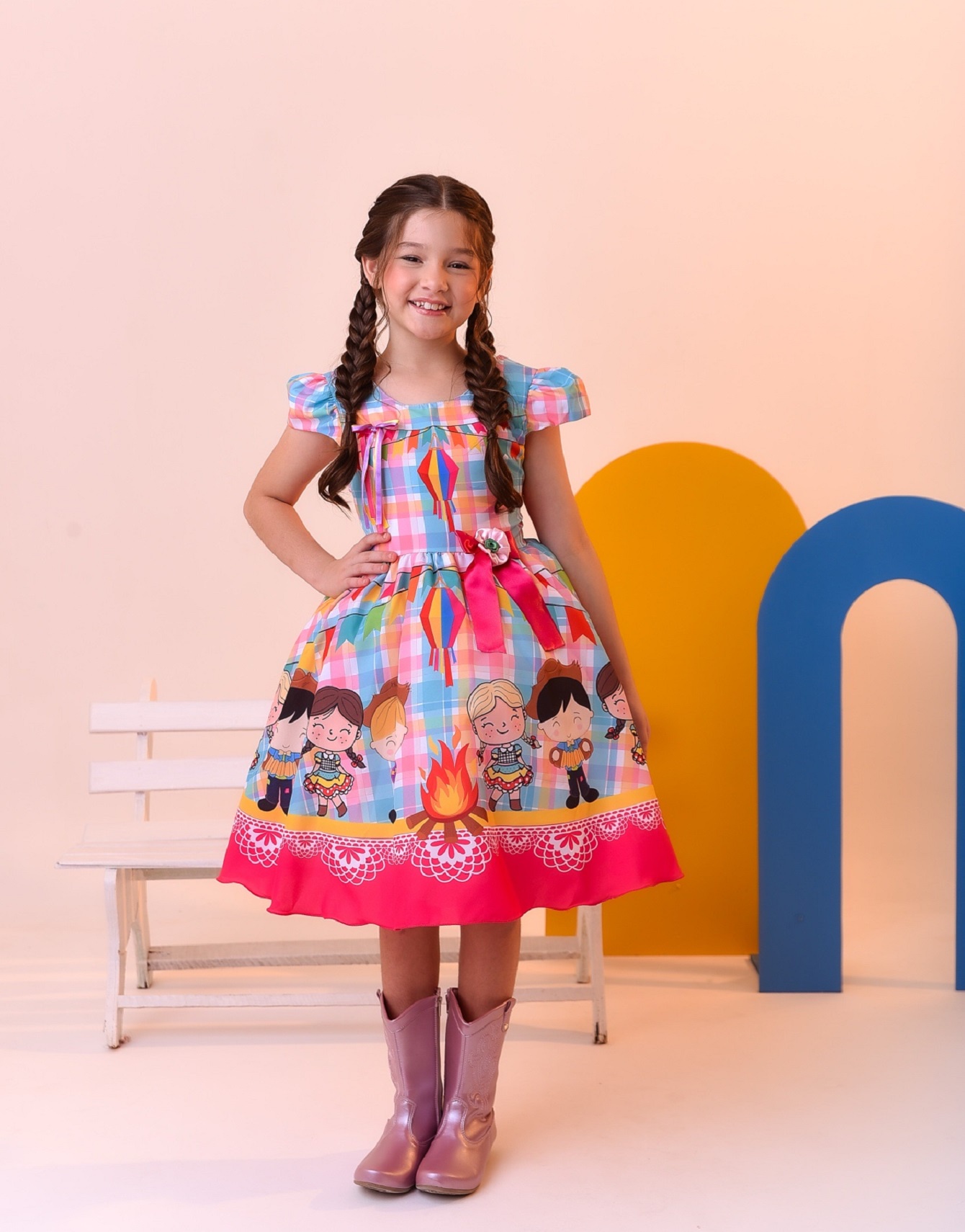 Vestido Infantil Junino Luxo Xadrez Colorido Festa São João