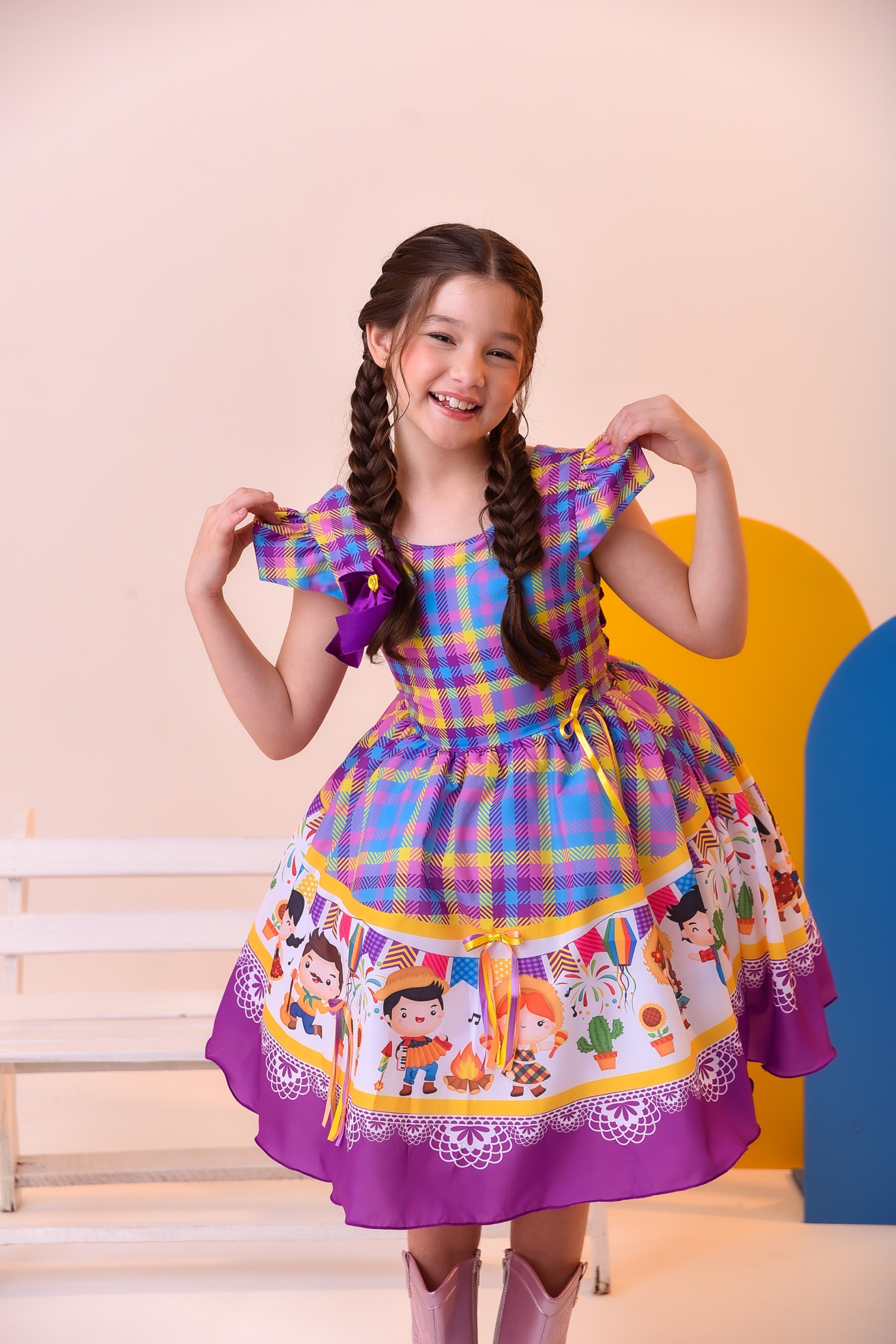Vestido Infantil Junino Luxo Xadrez Lilás Fogueira Festa São João