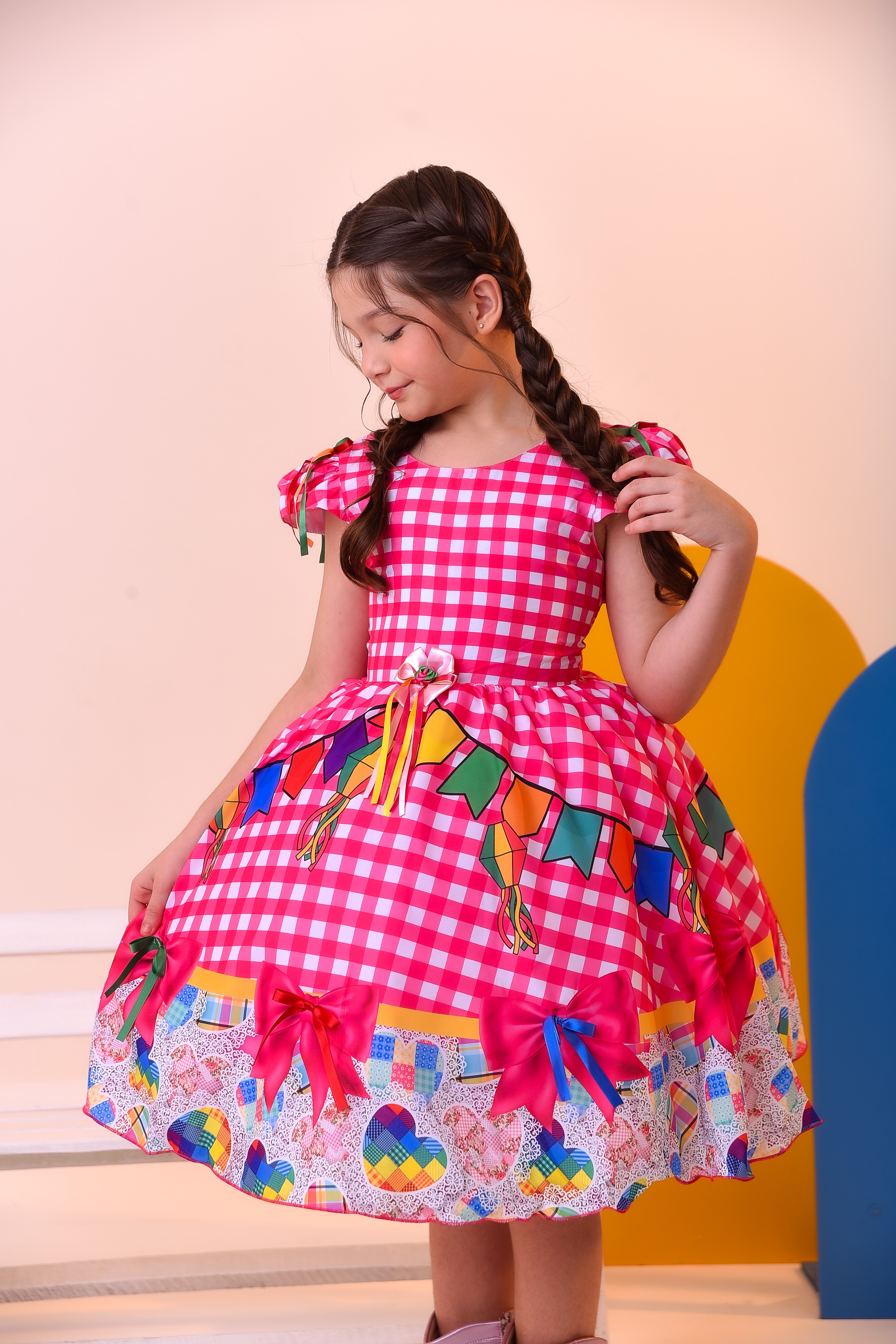 Vestido Infantil Junino Luxo Xadrez Rosa Festa São João