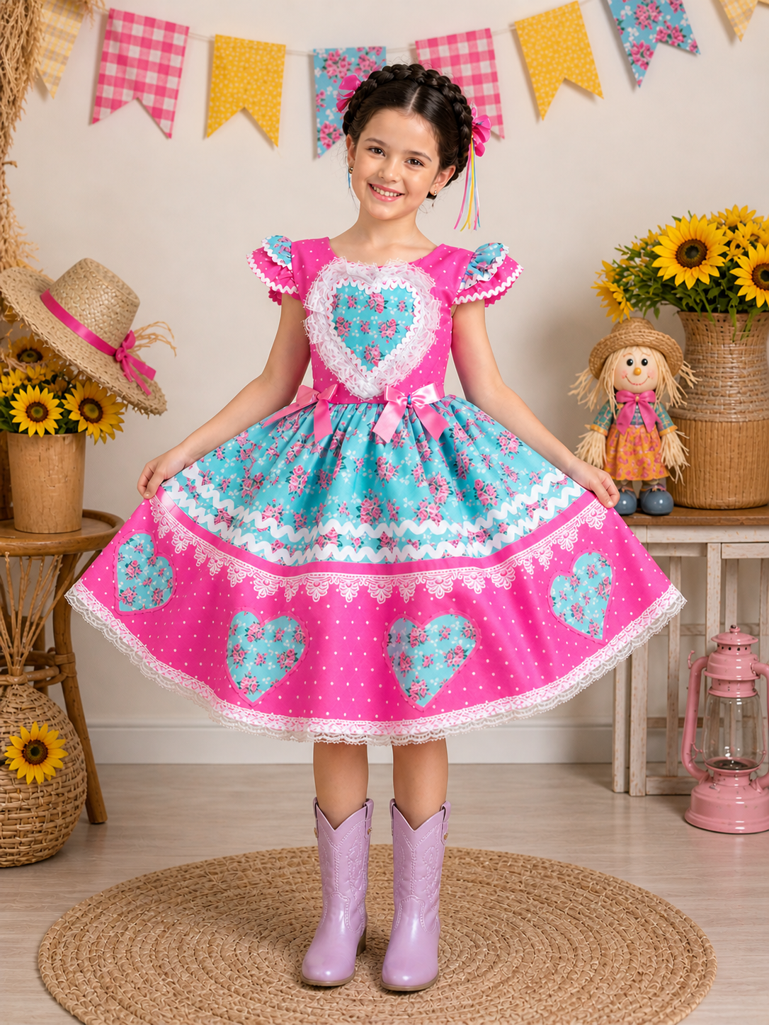 Vestido Infantil Junino Pink Colorido Luxo Festas