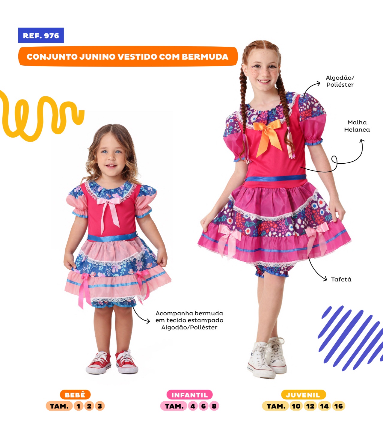 Vestido Infantil Junino Pink e Lilás Colorido Florido