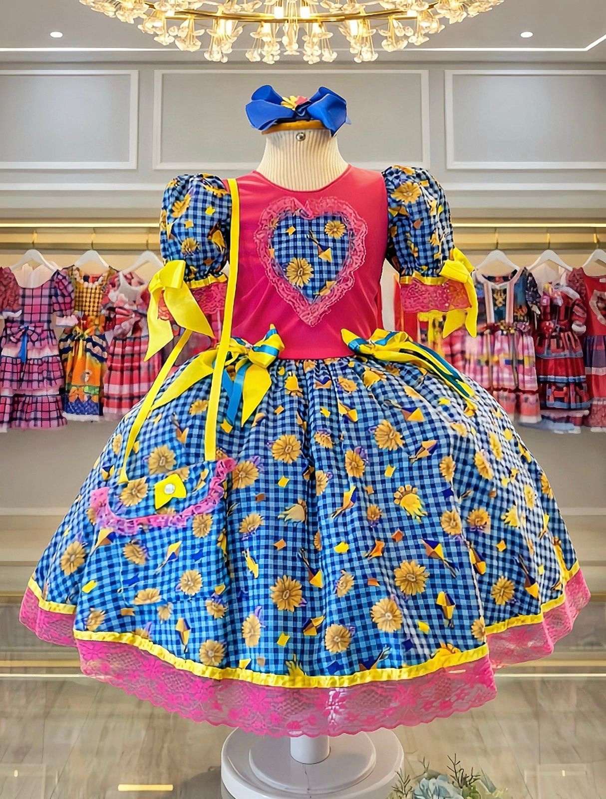 Vestido Infantil Junino Pink Xadrex Colorido Girassol C/ Bolsinha