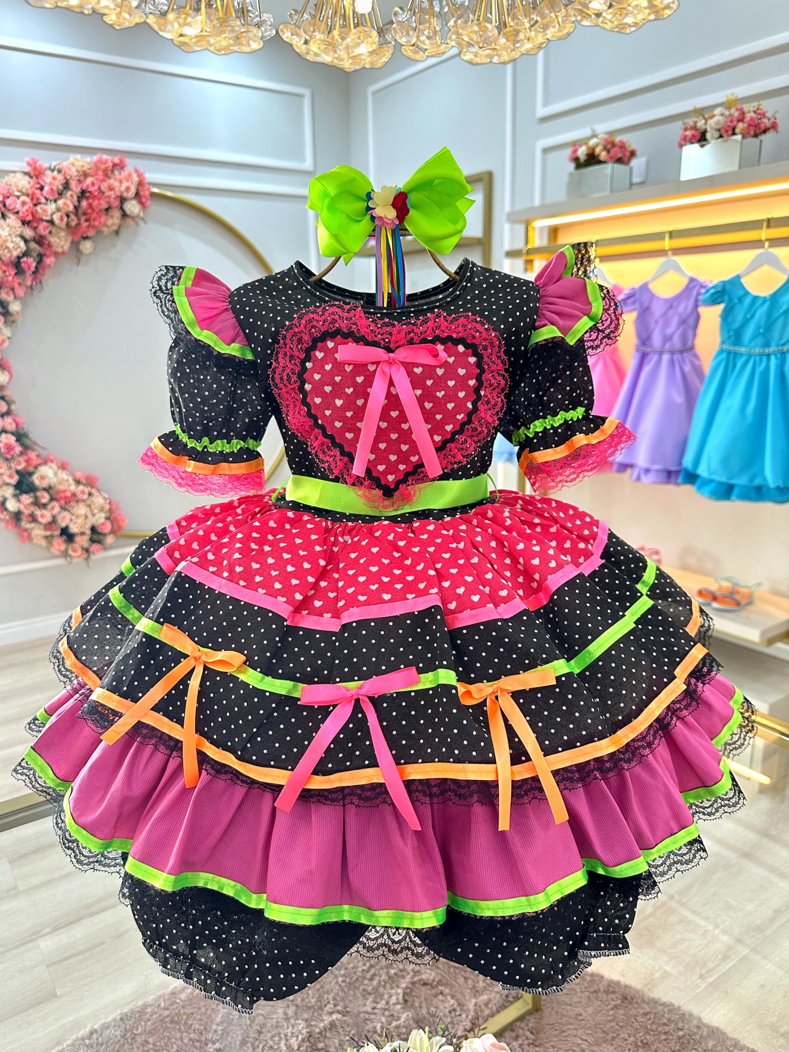 Vestido Infantil Junino Preto Colorido C/ Babados Luxo