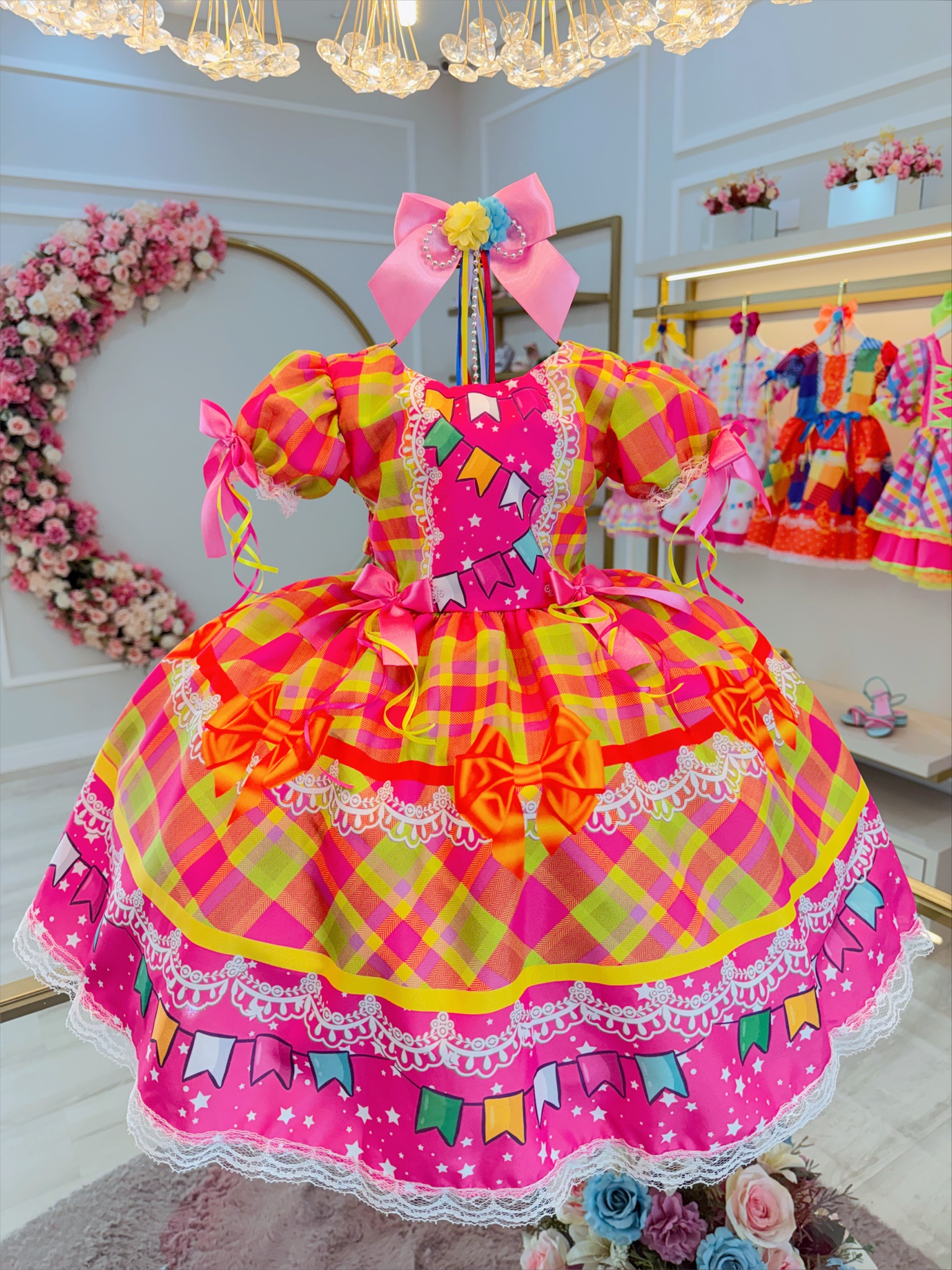 Vestido Infantil Junino Rosa Chiclete Xadrez Colorido Luxo