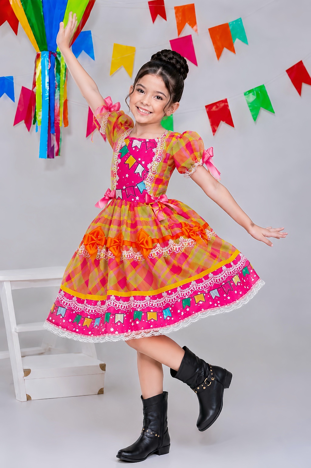 Vestido Infantil Junino Rosa Chiclete Xadrez Colorido Luxo