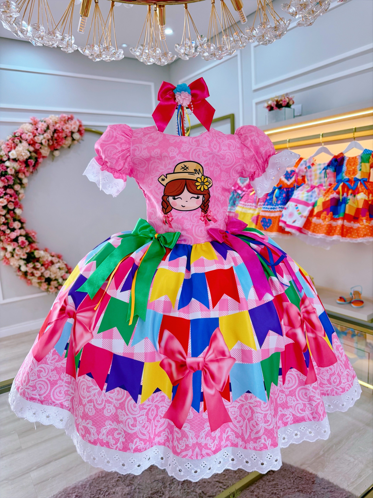 Vestido Infantil Junino Rosa Maria Bonita Super Luxo