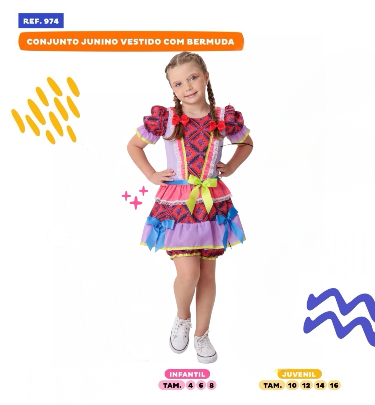 Vestido Infantil Junino Vermelho e Lilás Flores Coloridas