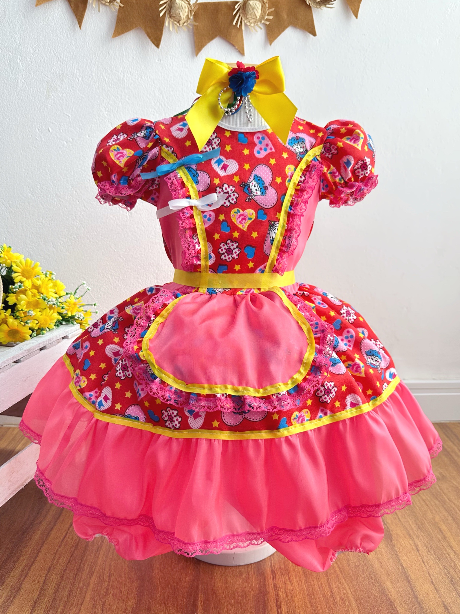 Vestido Infantil Junino Vermelho Festa São João Colorido