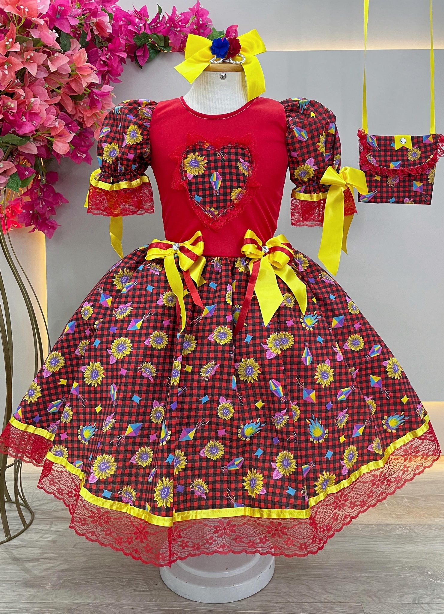 Vestido Infantil Junino Vermelho Xadrez Colorido Girassol C/ Bolsinha