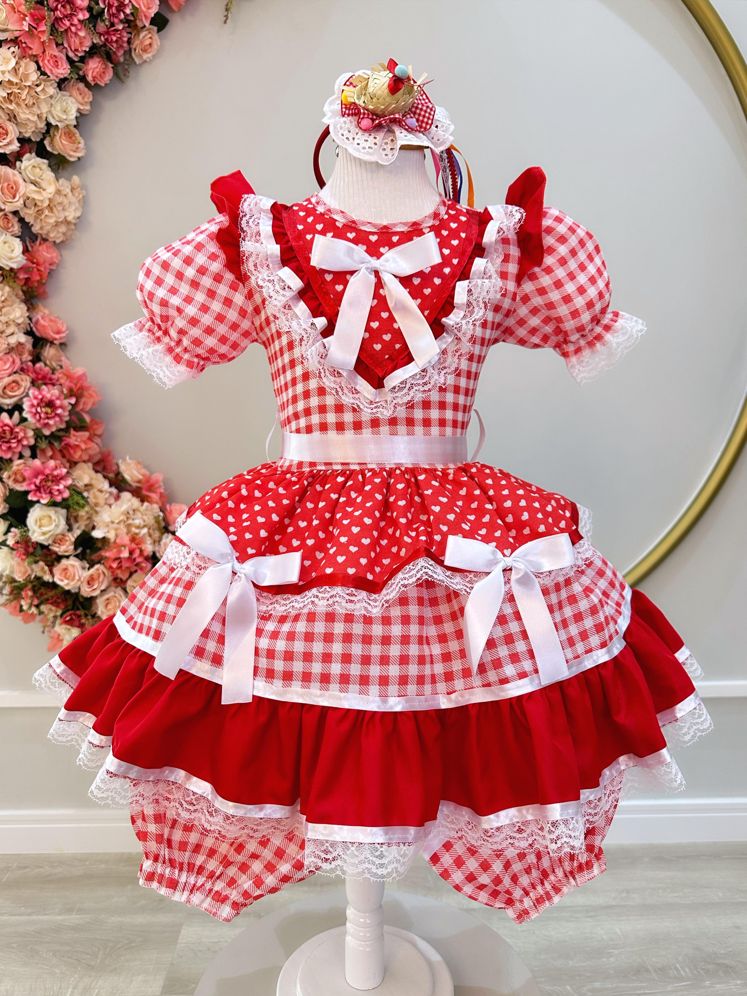 Vestido Infantil Junino Vermelho Xadrez C/ Babados Luxo